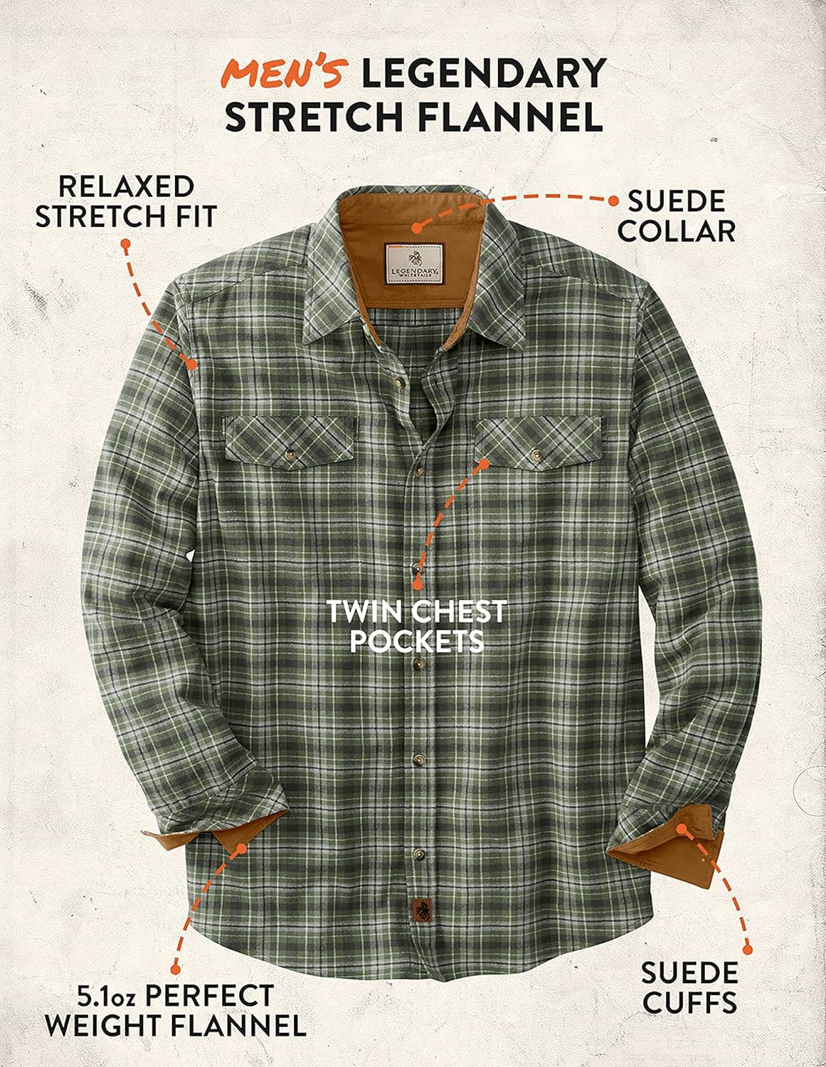Legendary Whitetails Men's Big Flannel Shirt Long Sleeve Button Down Relaxed Fit, Forest Moss Plaid, 4X-Large Tall
