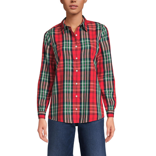Lands' End Womens LS No Iron Button Front Shirt Compass Red/Emerald Plaid Tall 8