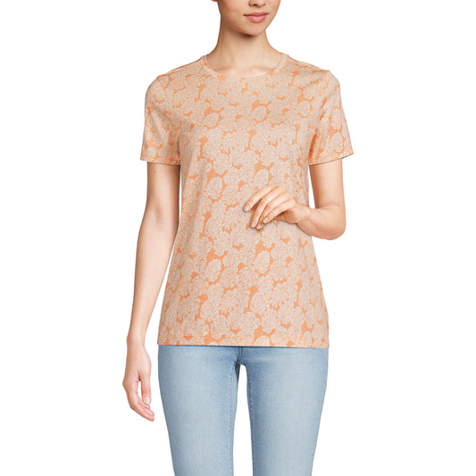Lands' End Womens Short Sleeve Relaxed Supima Cotton Crew Neck T Shirt Orange Mist Palm Leaves Tall Large