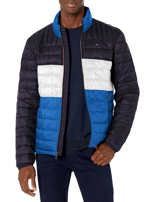 Tommy Hilfiger Men's Water Resistant Ultra Loft Down Alternative Puffer Jacket, Royal Blue Color Block, Large Tall
