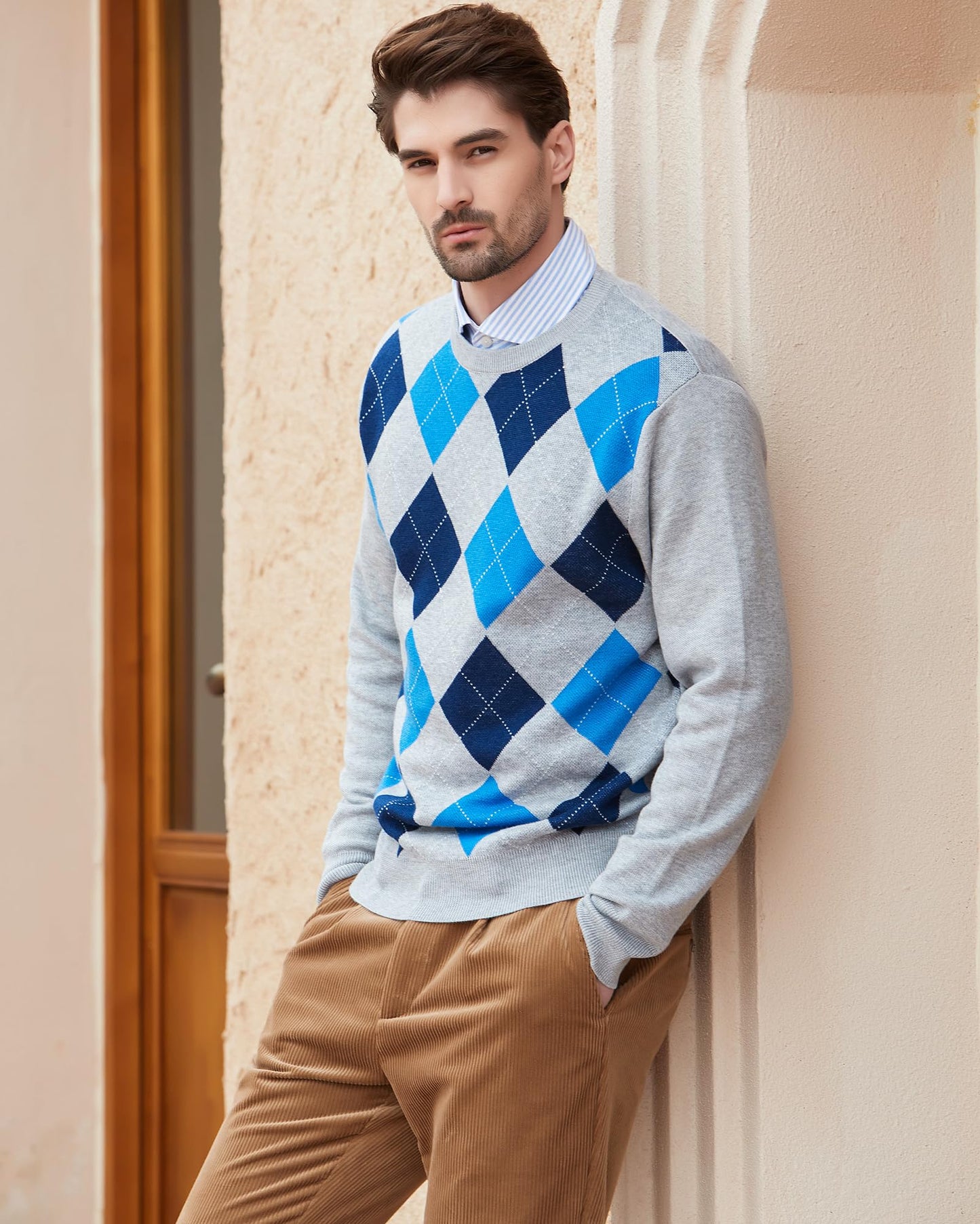 Kallspin Men's Wool Blend Crewneck Sweater Argyle Long Sleeve Pullover Sweater for Casual Or Dressy Wear(Light Grey,2XL-Tall)