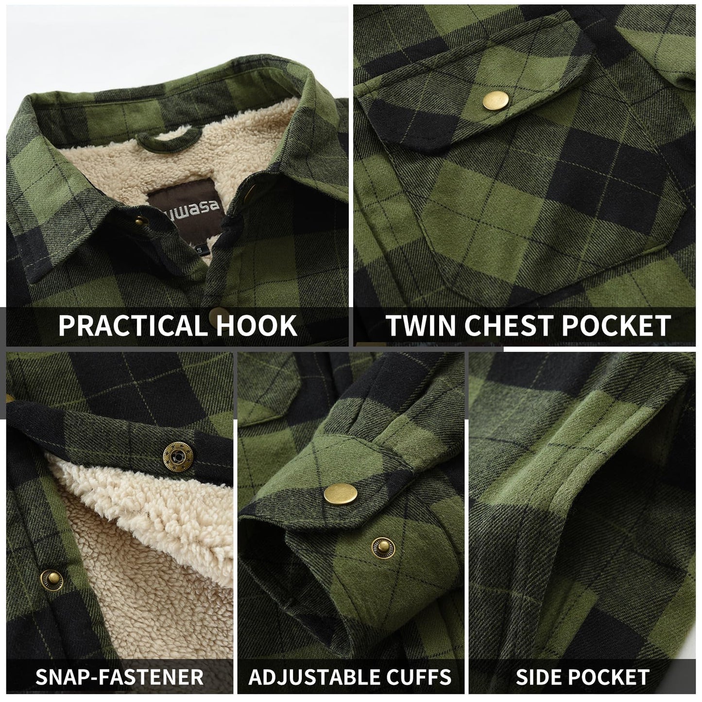 Puwasa Men's Cotton Flannel Shirt Jacket, Long Sleeve Fleece Casual Button Down Plaid Jacket, Brushed Soft Outdoor Coat with Pocket Army Green X-Large Tall