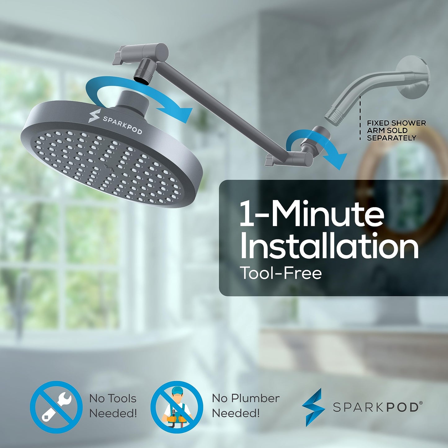 SparkPod Round Rain Shower Head with Extension Arm - Height Adjustable Shower Head with High Pressure Performance - Easy 1-Minute Installation (11" Arm Extension, Titanium Charcoal Grey)
