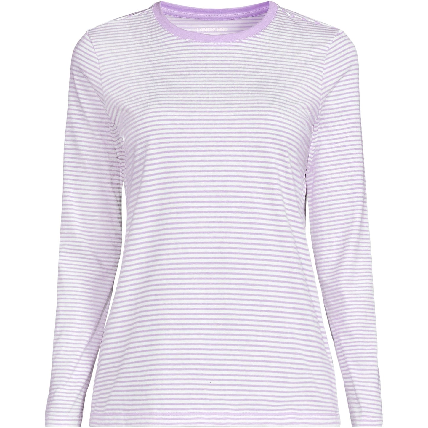 Lands' End Womens Long Sleeve Relaxed Supima Cotton Crew Neck T Shirt Lilac Petal/Ivory Micro Stripe Tall Large