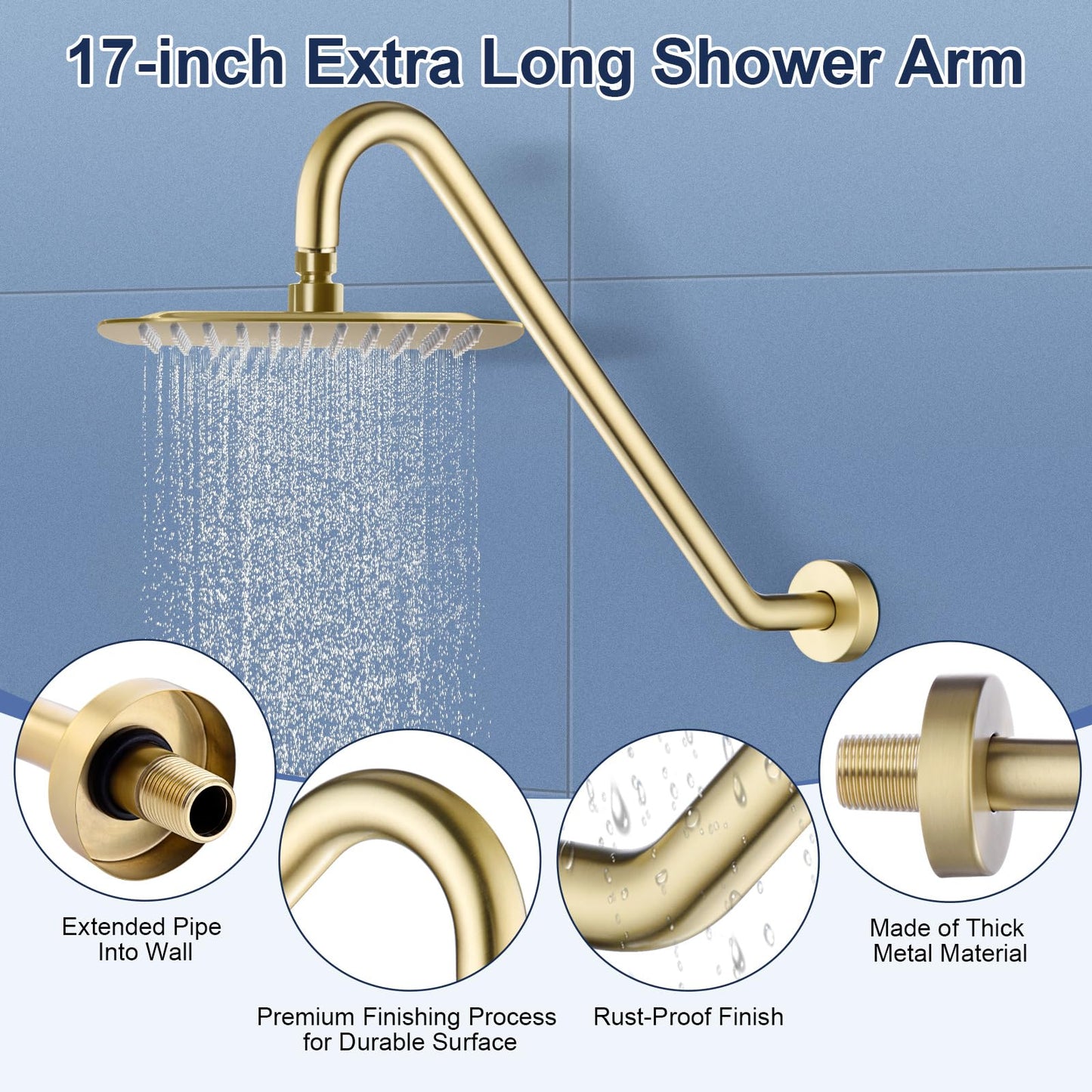 Shower Extension Arm with Flange Uvish 17" Shower Head Riser Pipe, Stainless Steel High Rise Long Neck Shower Head Arm Extender Arm for Rain Shower Head, Standard 1/2" Connection, Brushed Gold