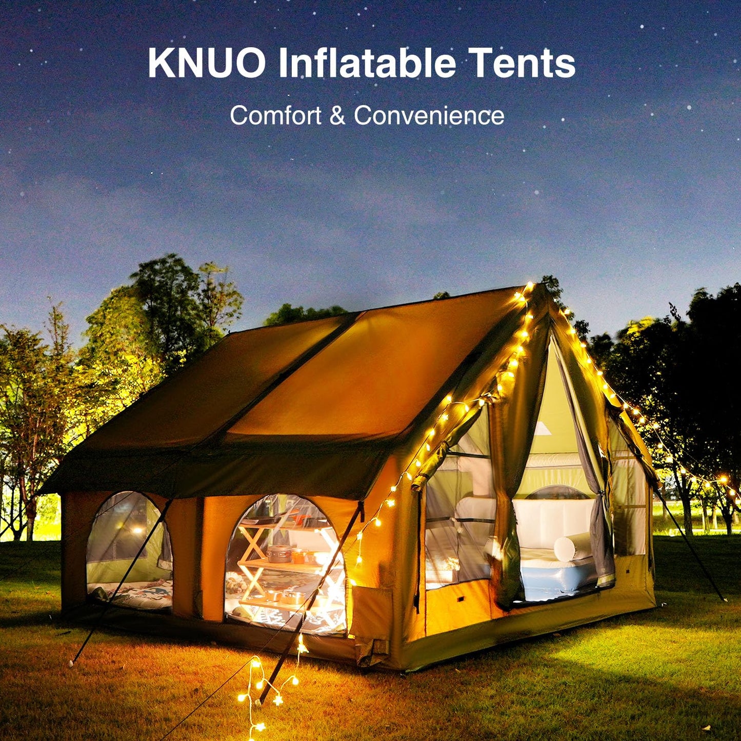 KNUO 2025 Upgraded Waterproof Inflatable Camping Tent for 5-8 People, Large Blow-Up Air Tent, No Assembly Needed Luxury Glamping House, 10x10ft Oxford Fabric