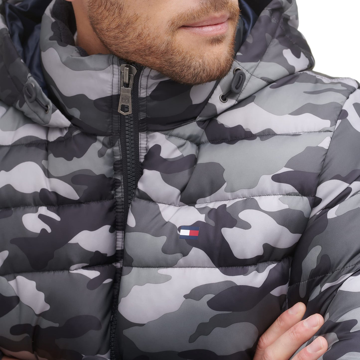 Tommy Hilfiger mens Hooded Puffer Jacket Down Alternative Coat, Grey Camouflage, X-Large Tall US