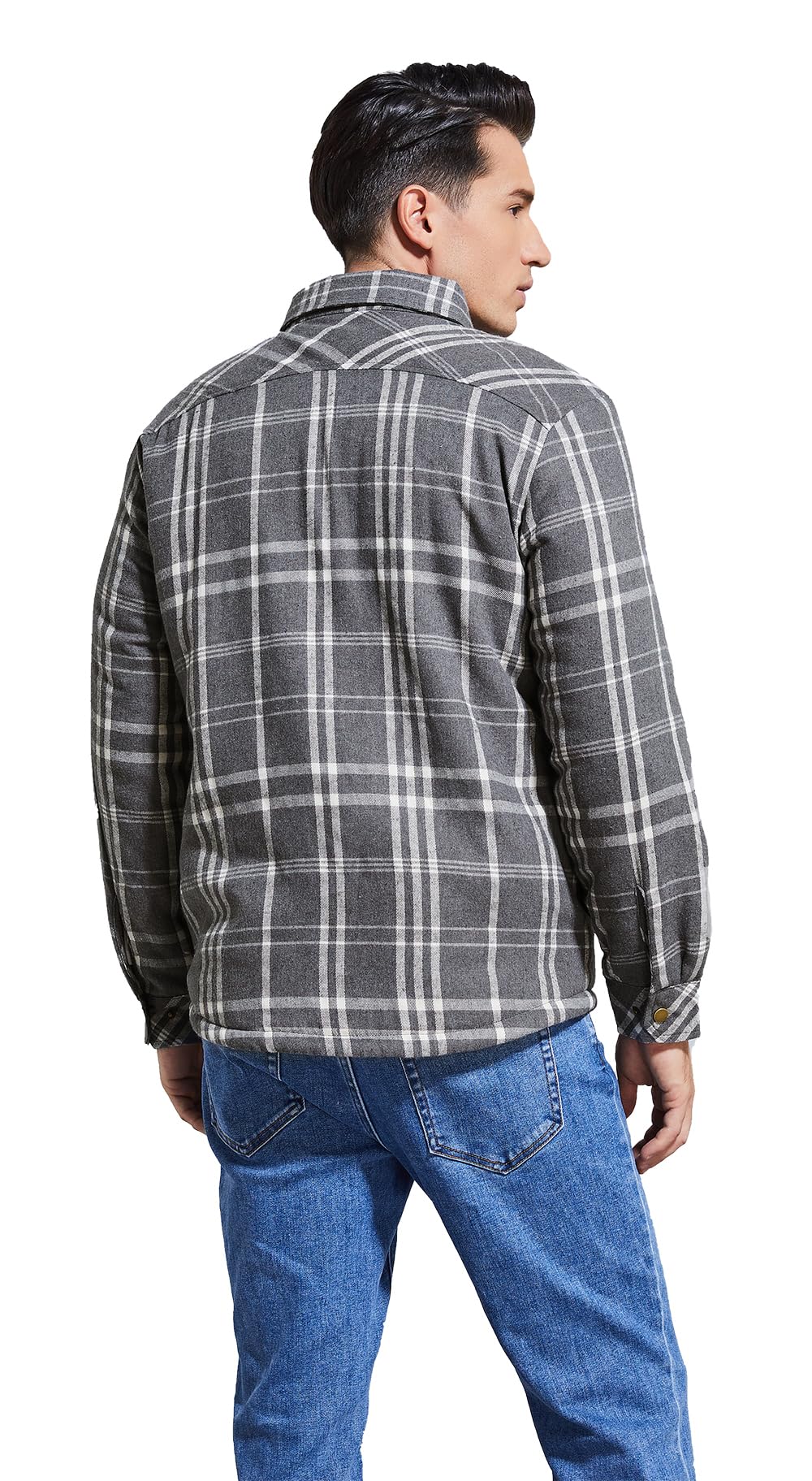 Puwasa Men's Sherpa Lined Cotton Flannel Shirt Jacket Plaid Button Up Jacket Coat for Men with Pocket Grey Large Tall
