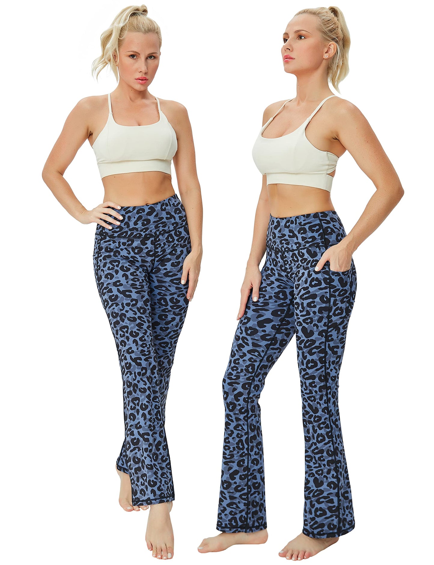 BUBBLELIME 29"/31"/33"/35" 4 Styles Women's Tummy Control Bootcut Yoga Pants - Side Pockets_Navy_Leopard L-35 Inseam
