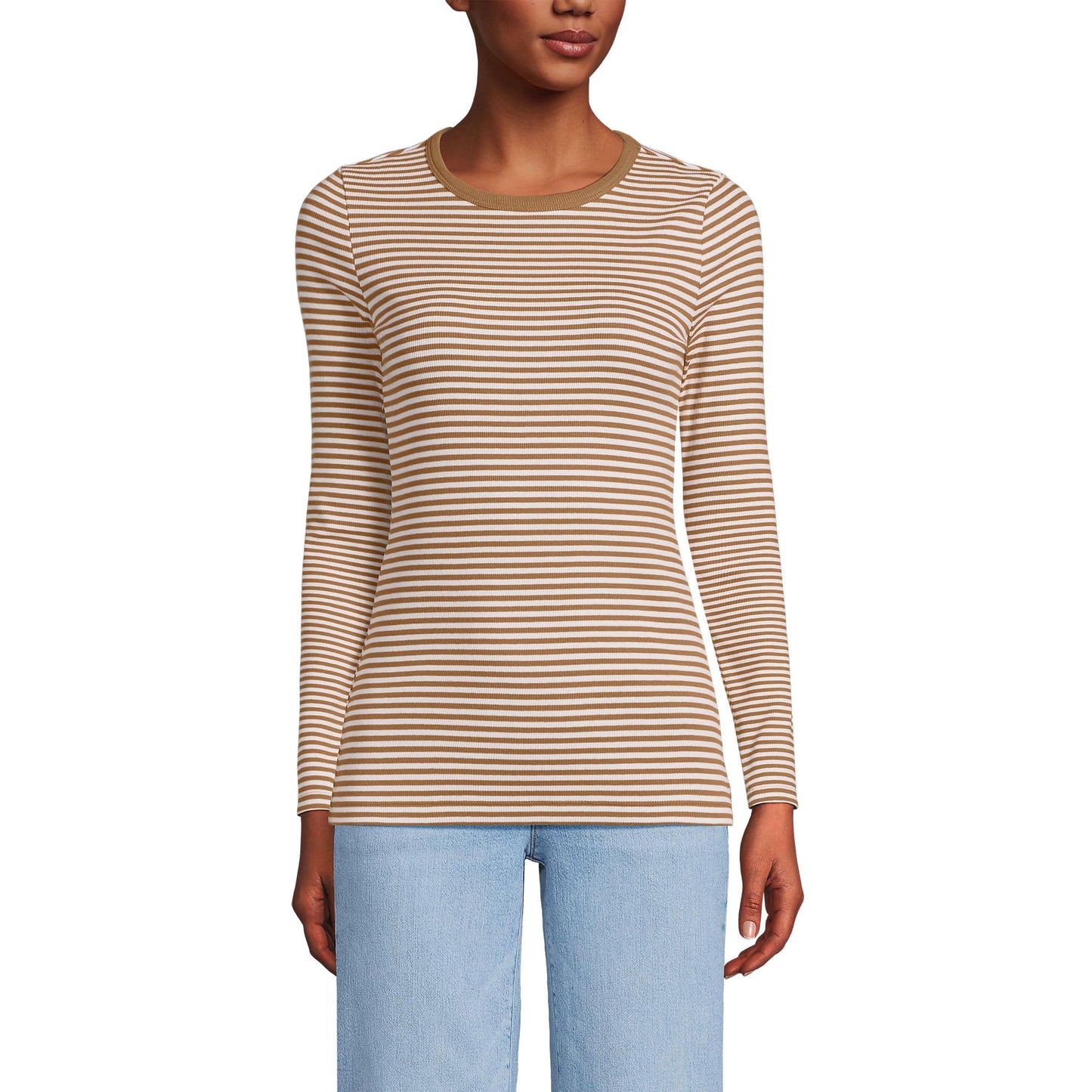 Lands' End Womens Long Sleeve Micro Rib Crew Canyon Camel Tiny Stripe Tall Large