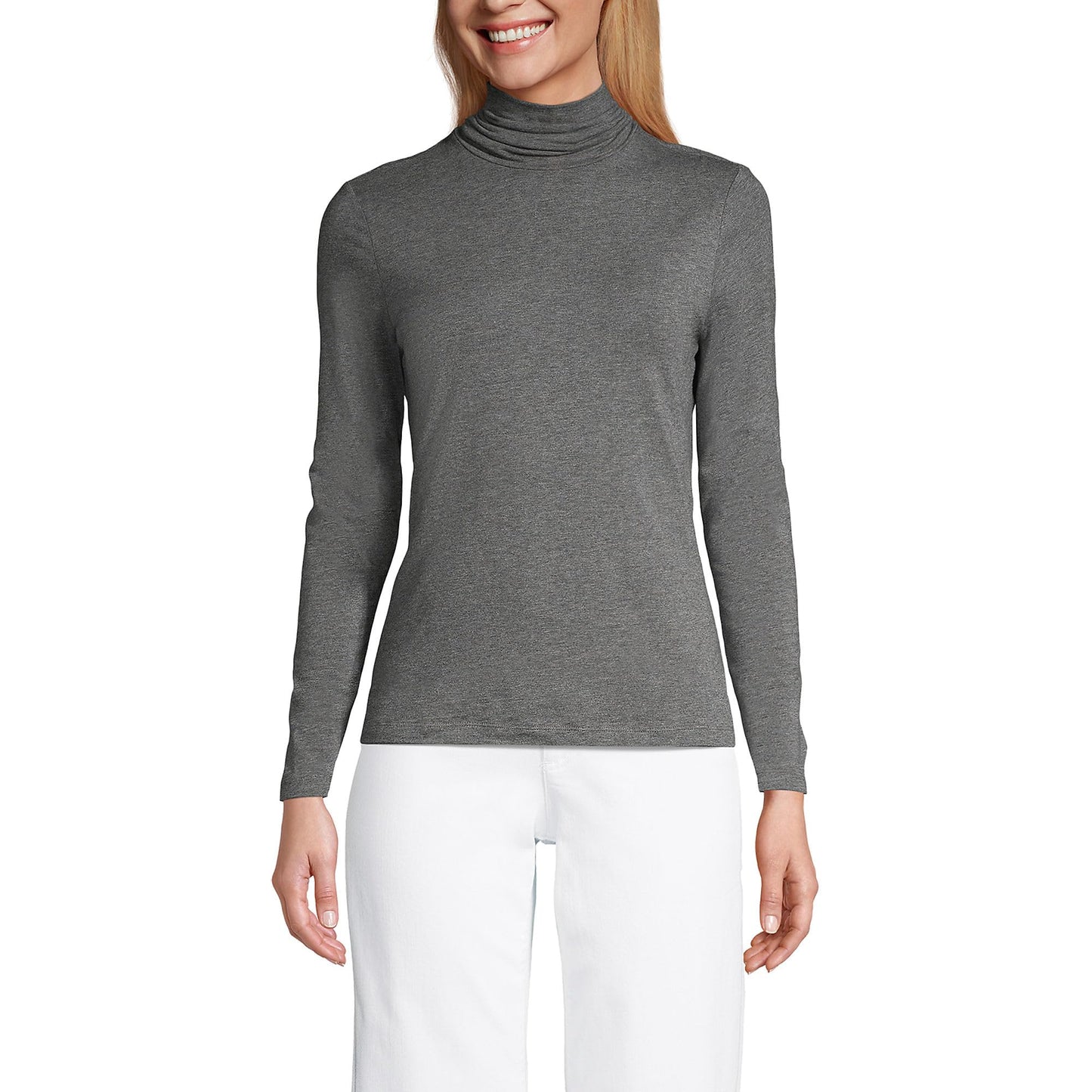 Lands' End Womens Long Sleeve Shaped LWCM Turtleneck Charcoal Heather Tall X-Large