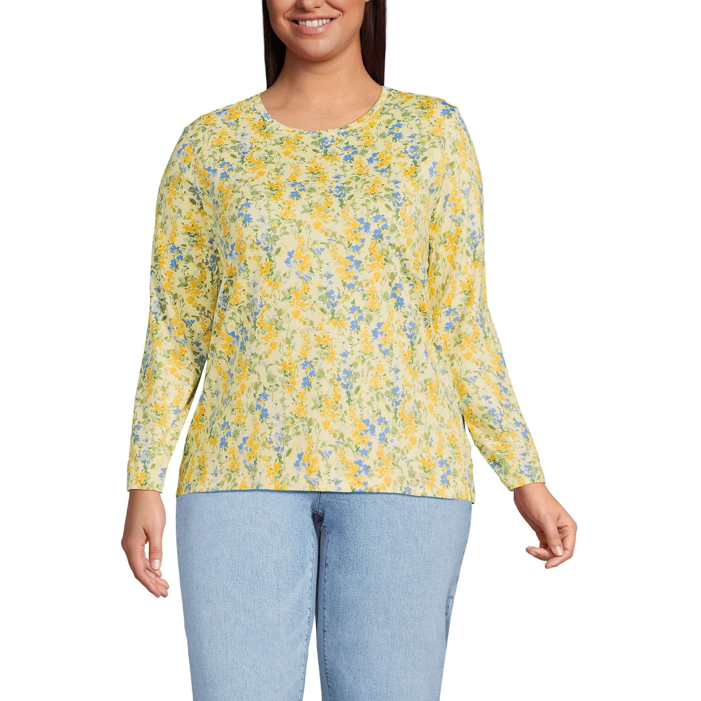 Lands' End Womens Long Sleeve Relaxed Supima Cotton Crew Neck T Shirt Golden Candle Light Floral Tall Large