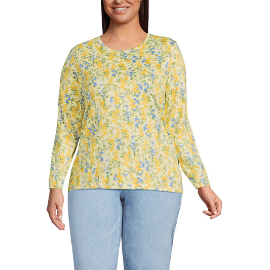 Lands' End Womens Long Sleeve Relaxed Supima Cotton Crew Neck T Shirt Golden Candle Light Floral Tall X-Large