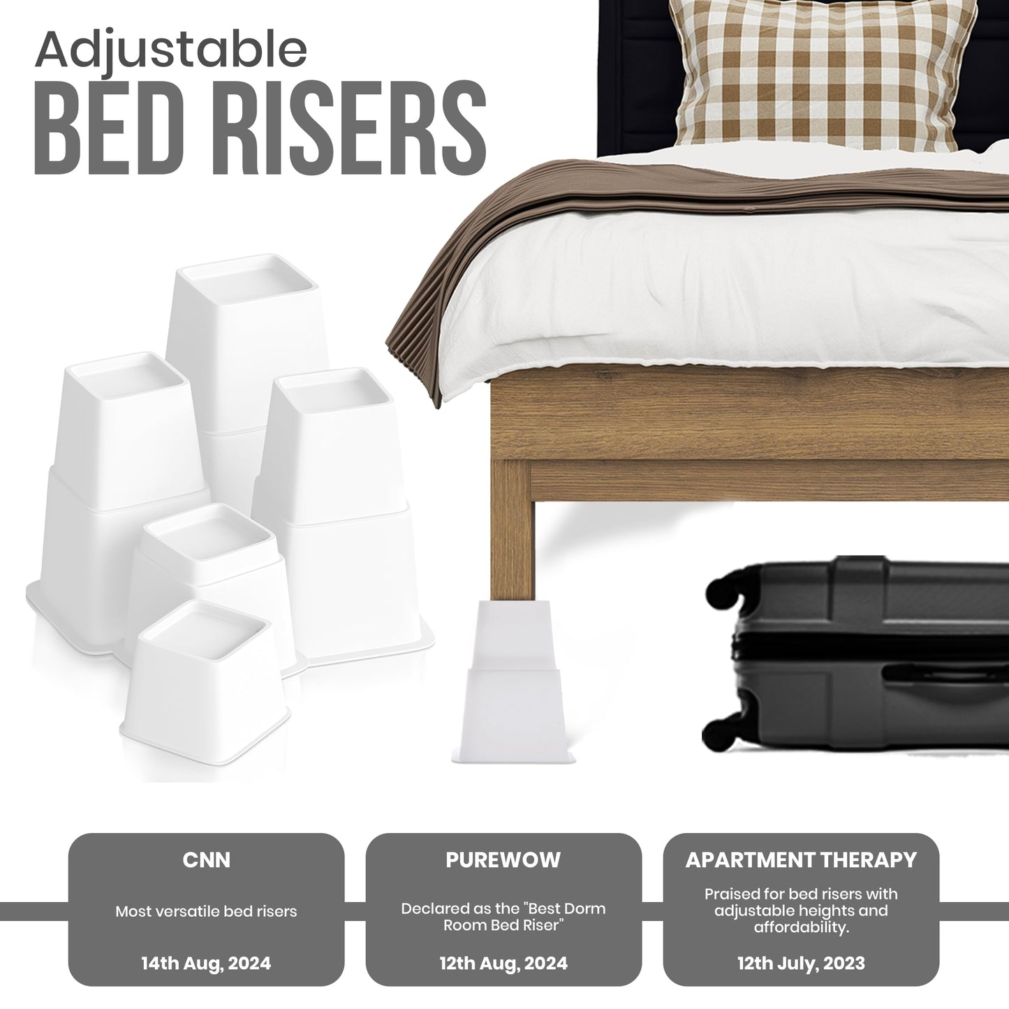 Utopia Bedding Adjustable Bed Furniture Risers - Elevation in Heights 3, 5 or 8 Inch Heavy Duty Risers for Beds and Under Bed Storage - Supports up to 1,300 lbs - (Set of 4 Riser, White)
