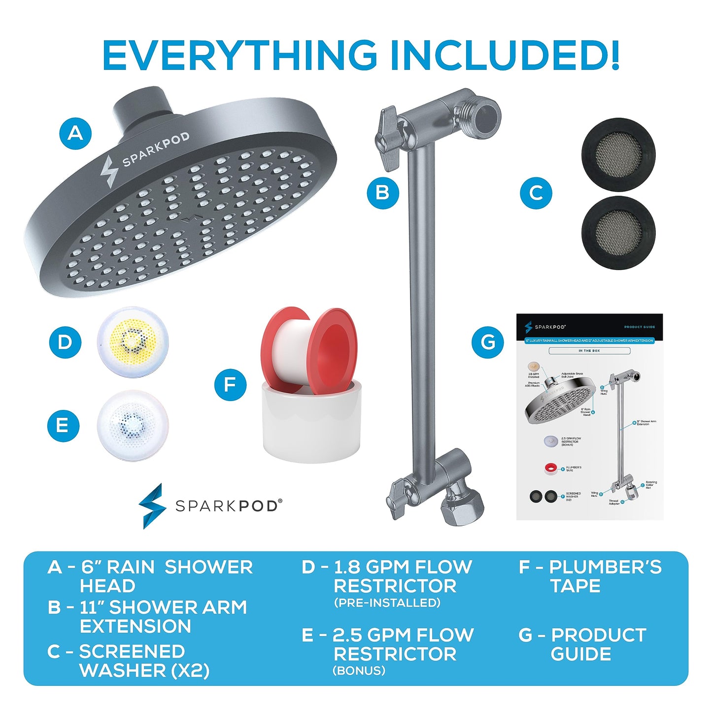 SparkPod Round Rain Shower Head with Extension Arm - Height Adjustable Shower Head with High Pressure Performance - Easy 1-Minute Installation (11" Arm Extension, Titanium Charcoal Grey)