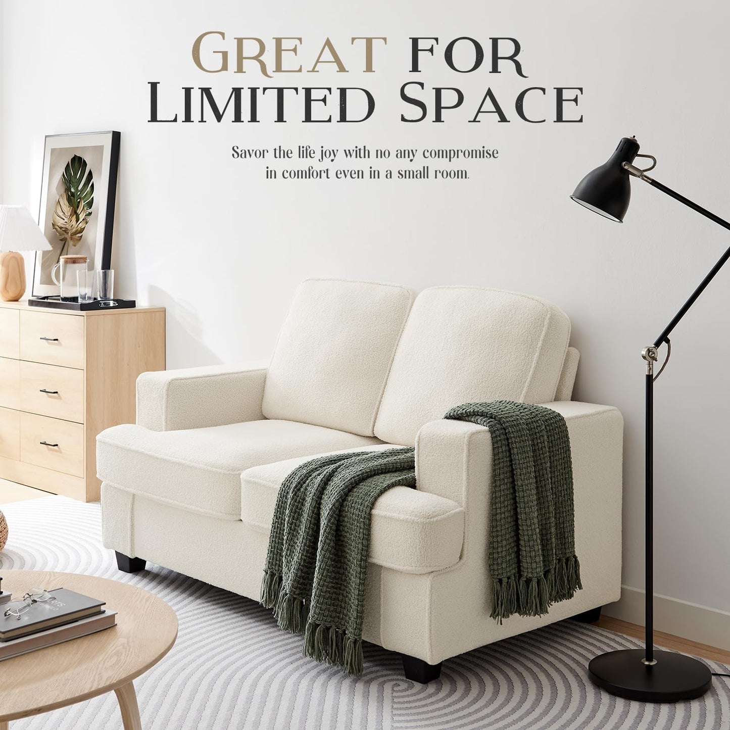 Couches for Living Room, 61” Cloud Couch in Soft Teddy Fleece, Removable Cover, Easy Assembly, Modern Sofa for Living Room/Bedroom/Office/Apartment, Beige