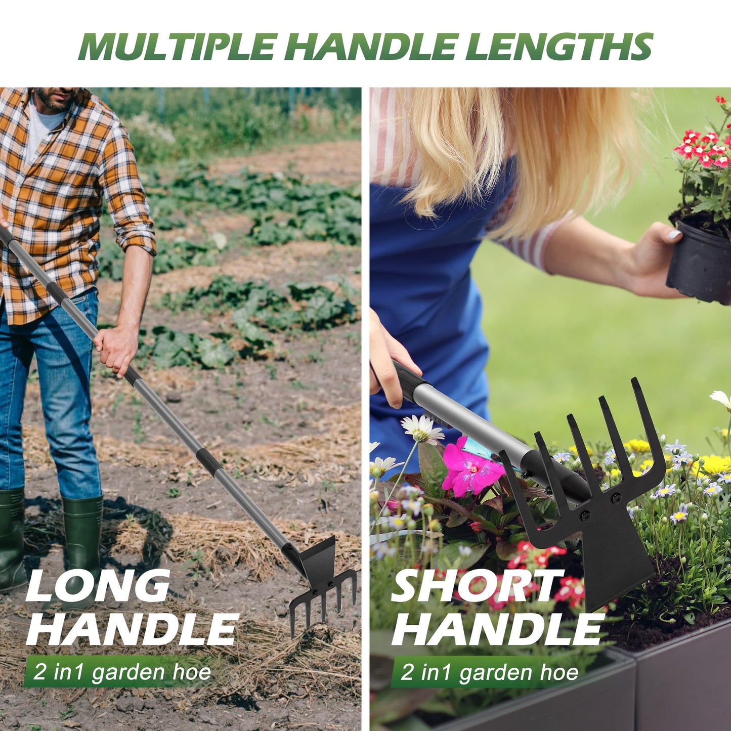 Walensee Hoe Garden Tool, 63 Inch Garden Hoe with Adjustable Long Handle for Weeding, 5-Tines Hoe Cultivator 2 in 1 Hand Weeder Tools for Yard Lawn Planting Gardening Digging