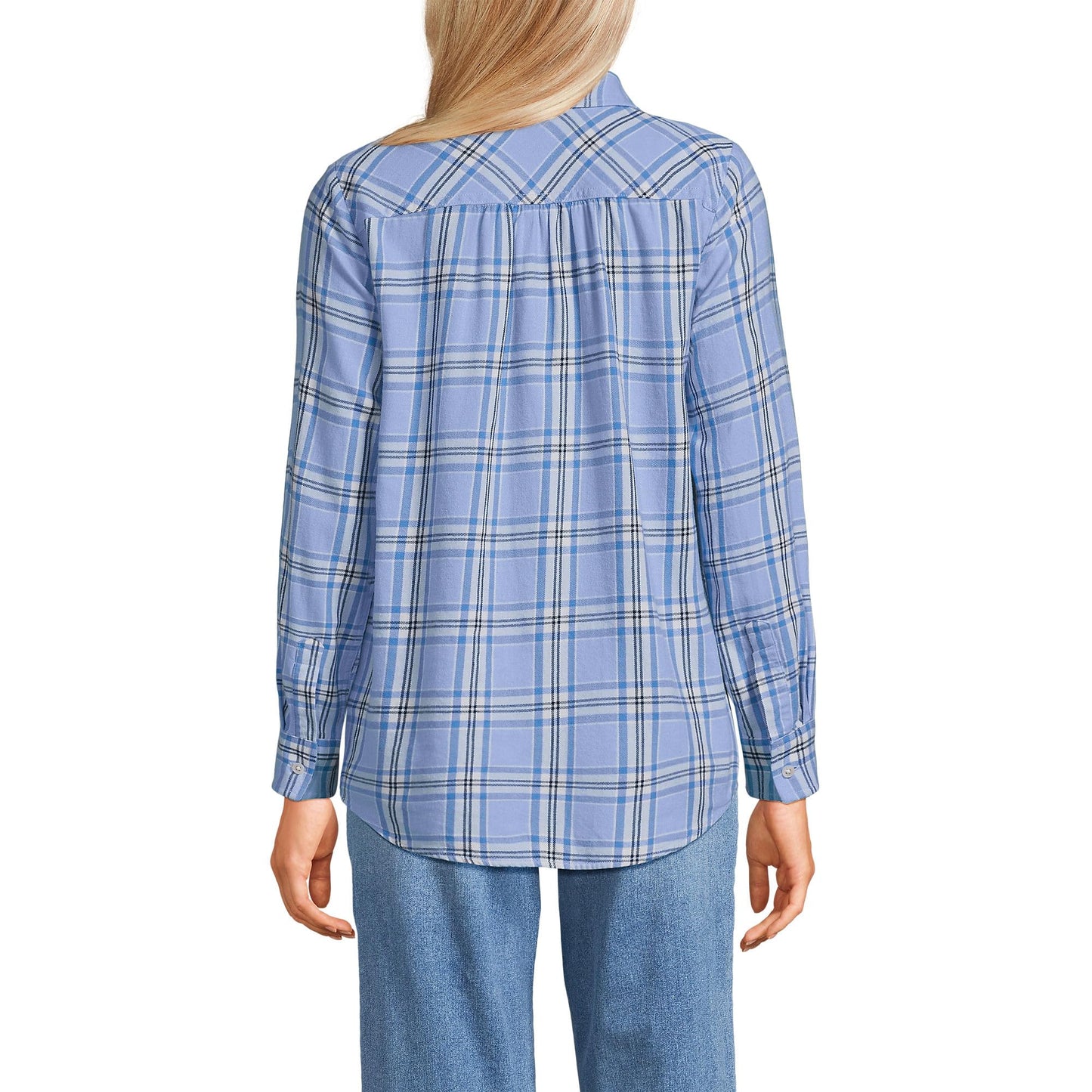 Lands' End Womens Flannel Boyfriend Long Sleeve Shirt Sea Spray Blue Plaid Tall Medium