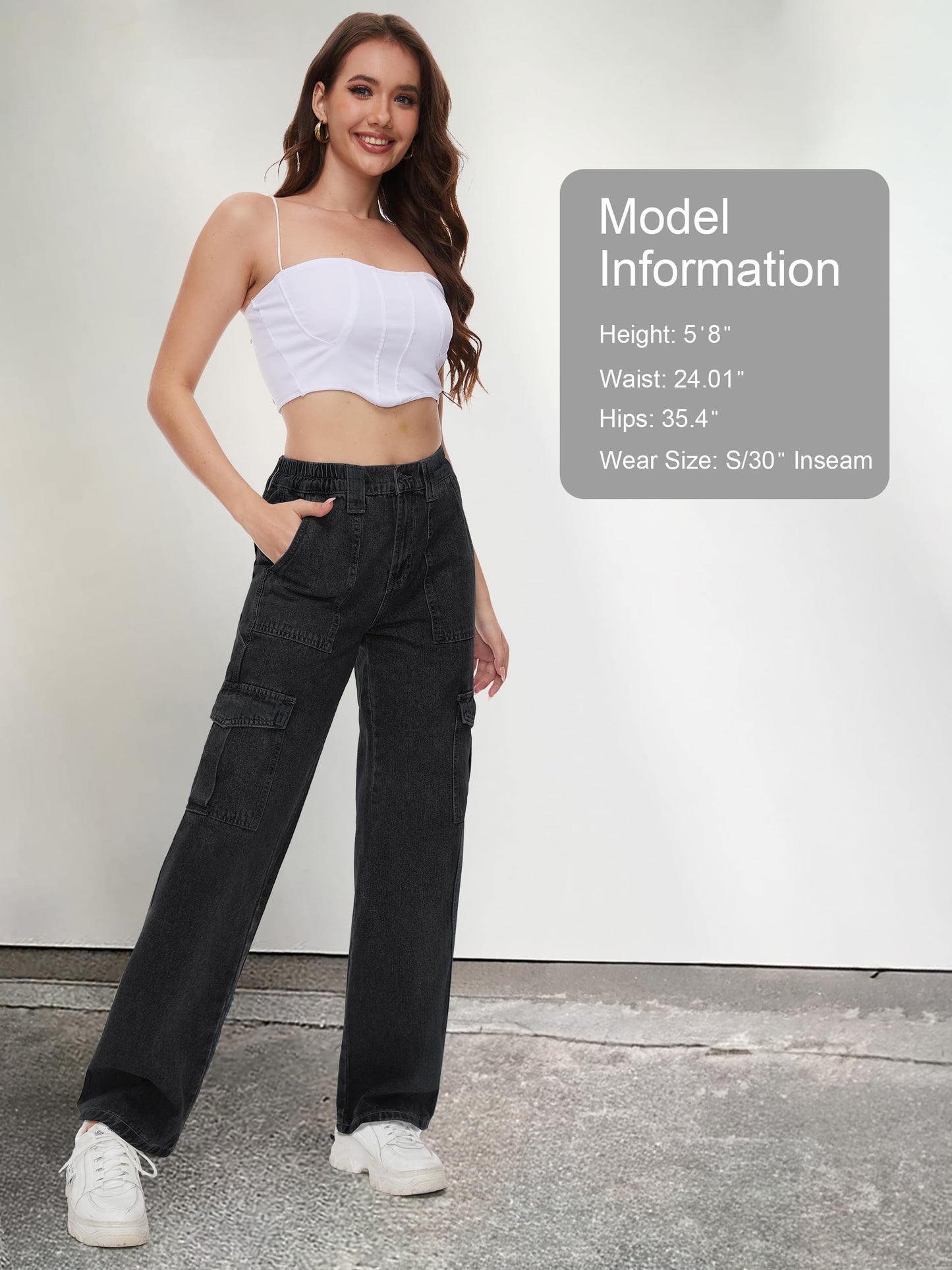 Tapata Women's 26"/28"/30"/32"/34" Cargo Jeans Straight Leg Short Petite Regular Tall Denim Relaxed Y2K Pants Black, M