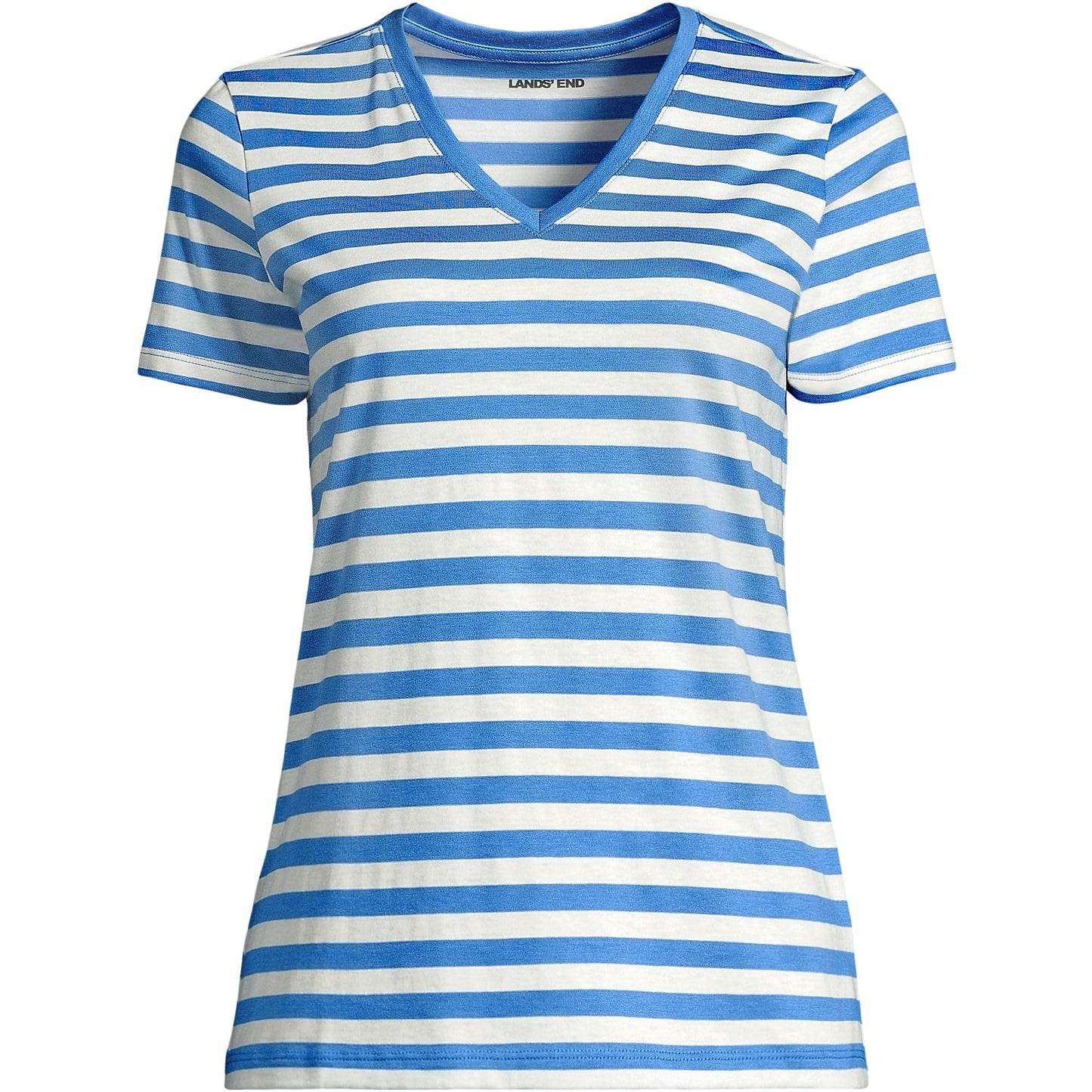 Lands' End Womens SS Relaxed Supima V Neck T Shirt Muted Cobalt Even Stripe Tall Medium
