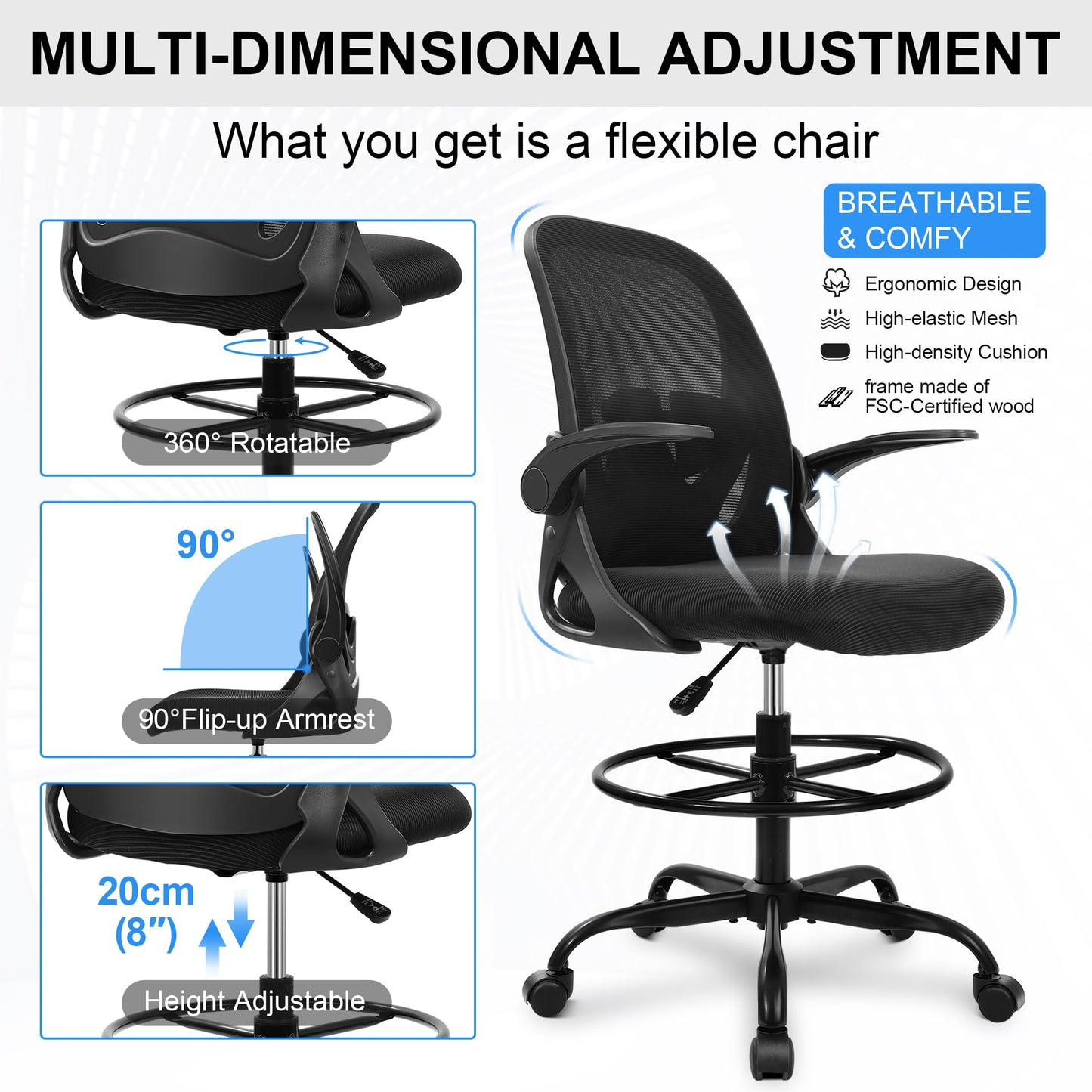 Tall Office Chair with Flip-up Armrests (20" - 28" seat height) - Ergonomic Computer Chair with Lumbar Support