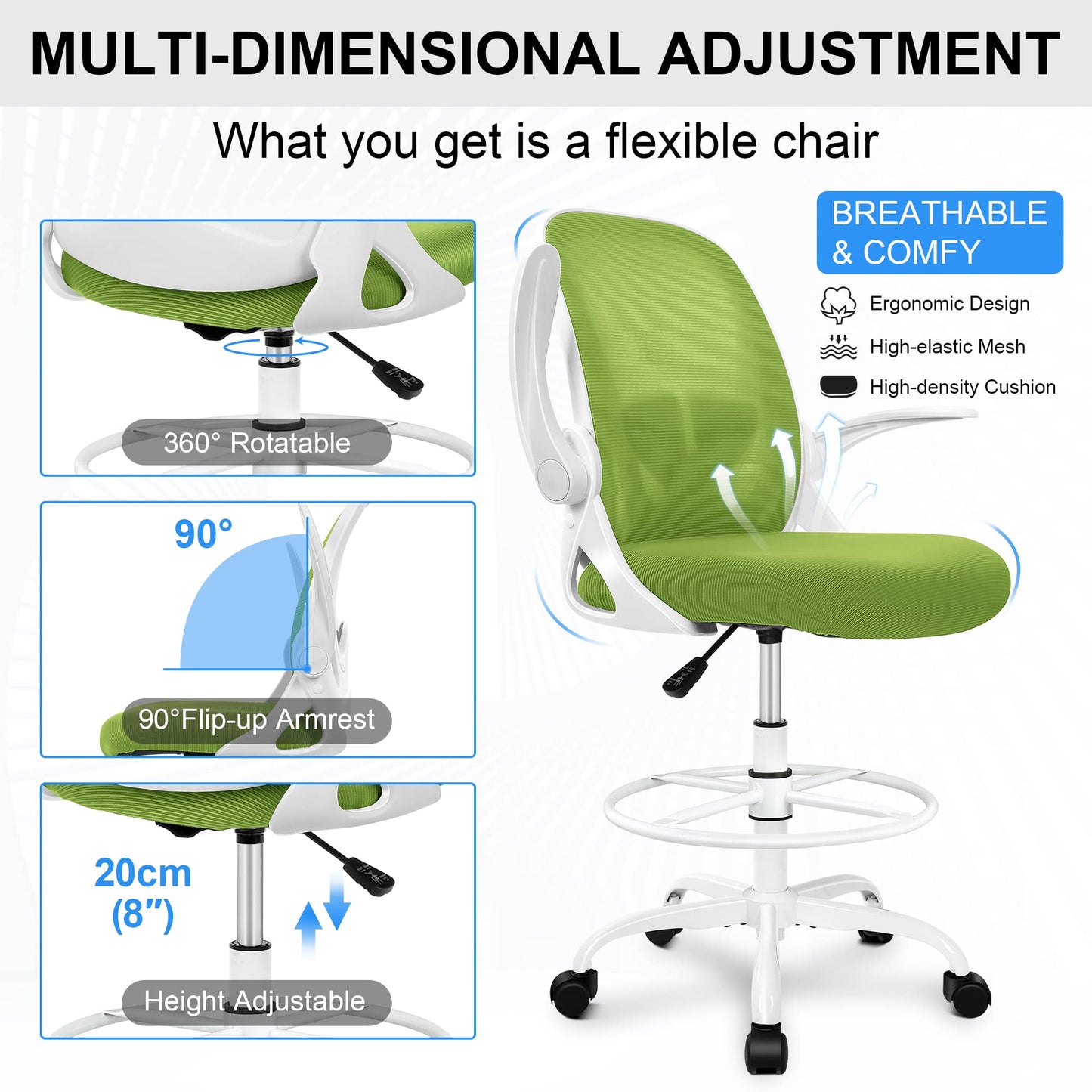 Primy Drafting Chair Tall Office Chair with Flip-up Armrests Executive Ergonomic Computer Standing Desk Chair with Lumbar Support and Adjustable Footrest Ring (Green)
