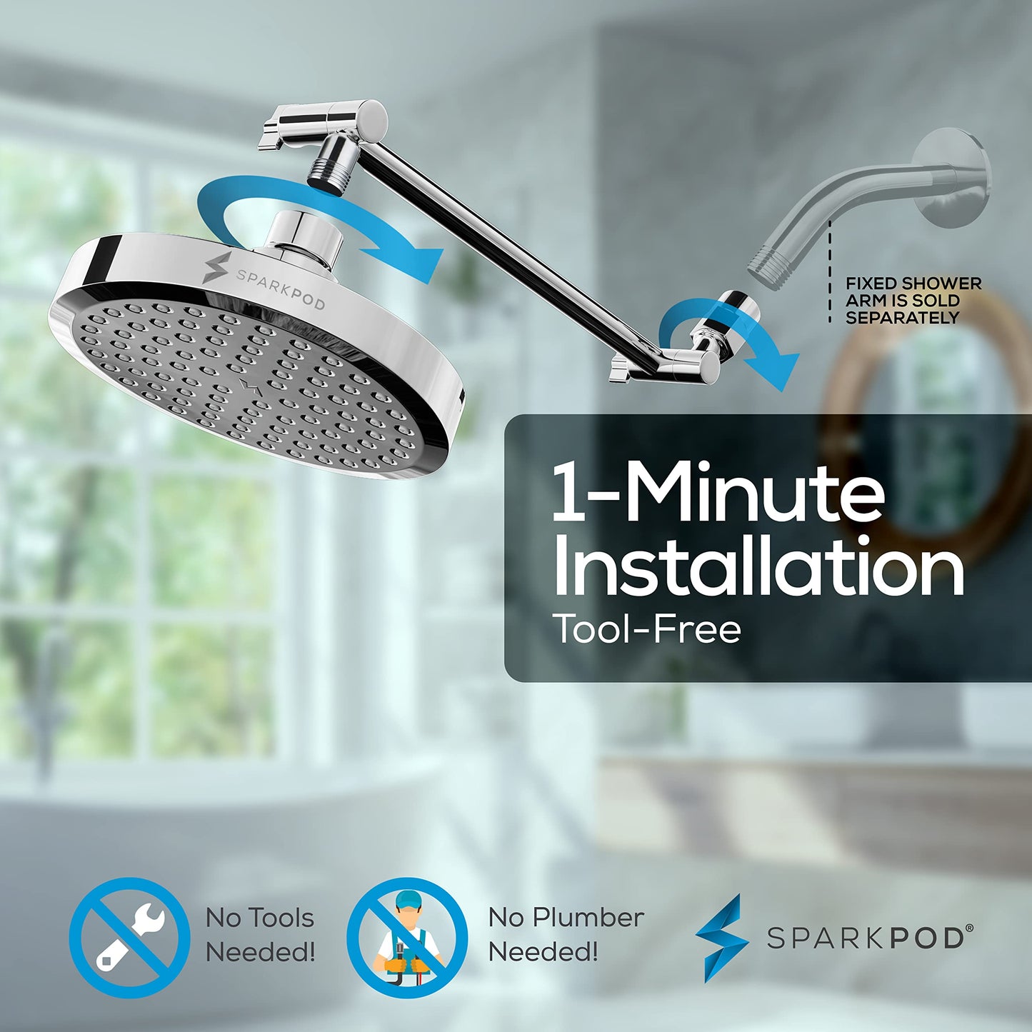 SparkPod Round Rain Shower Head with Extension Arm - Height Adjustable Shower Head with High Pressure Performance - Easy 1-Minute Installation (11" Arm Extension, Luxury Polished Chrome)