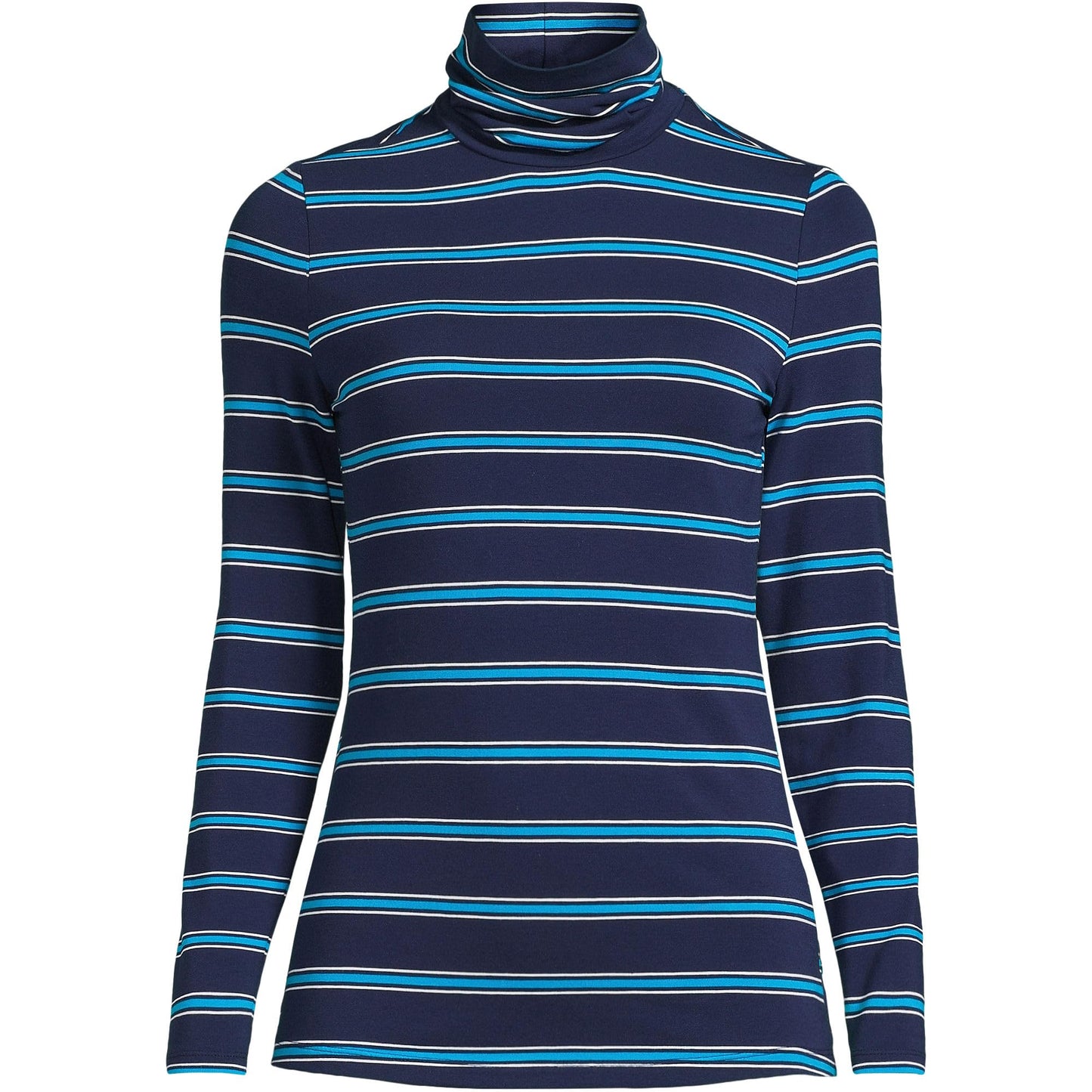 Lands' End Womens Long Sleeve Shaped LWCM Turtleneck Deep Sea/Cyan Stripe Tall Medium