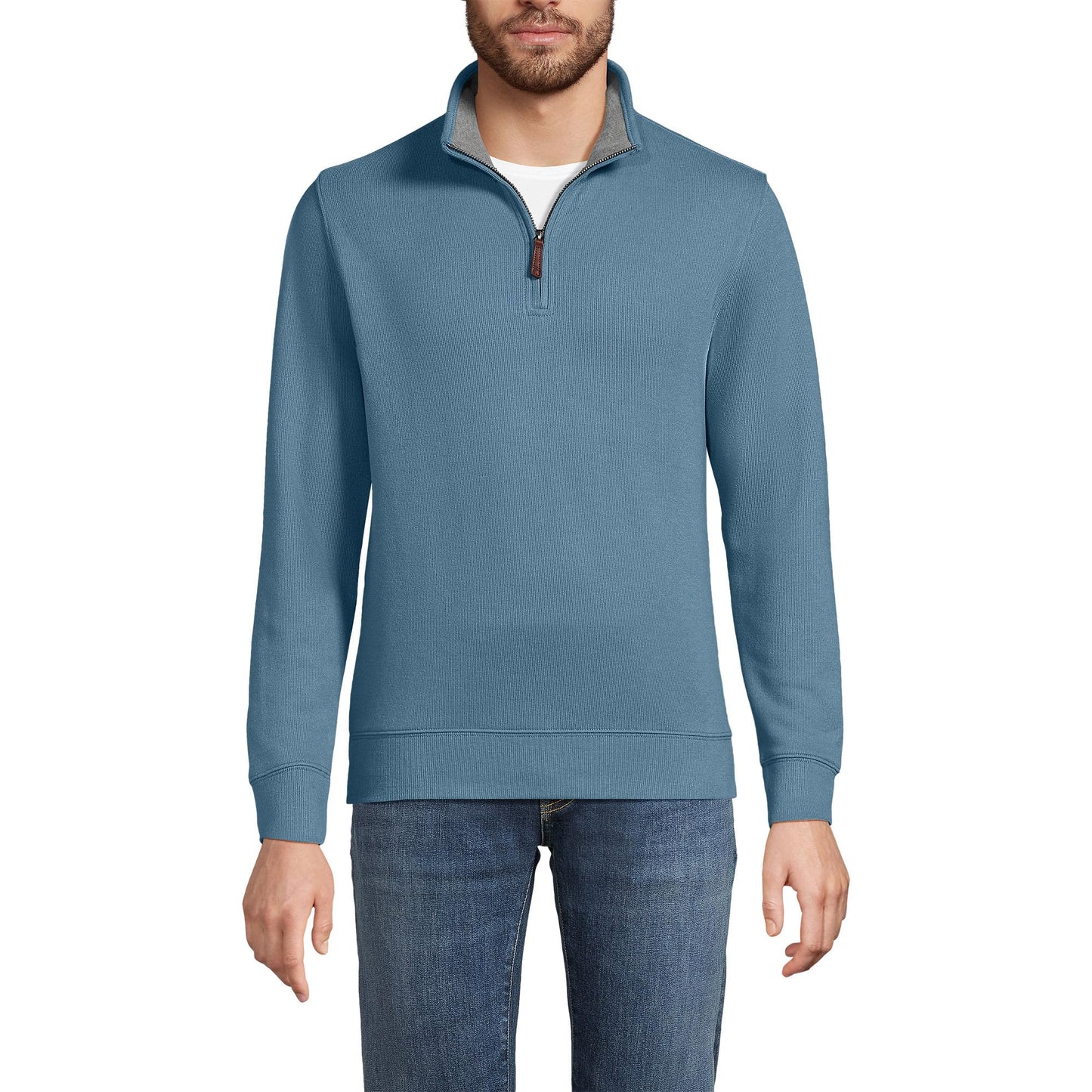 Lands' End Mens Bedford Rib Quarter Zip Sweater Soft Peacock Tall Medium