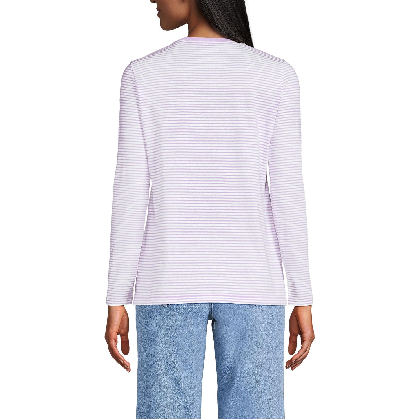 Lands' End Womens Long Sleeve Relaxed Supima Cotton Crew Neck T Shirt Lilac Petal/Ivory Micro Stripe Tall Large