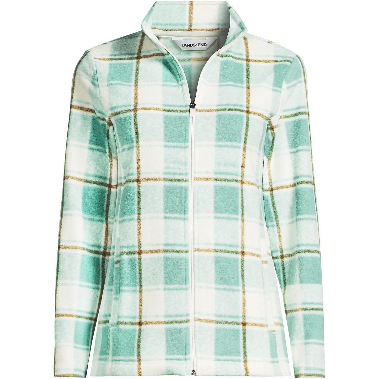 Lands' End Womens Anyweather Fleece Full Zip Jacket Print Mint Sky Buff Check Tall Small