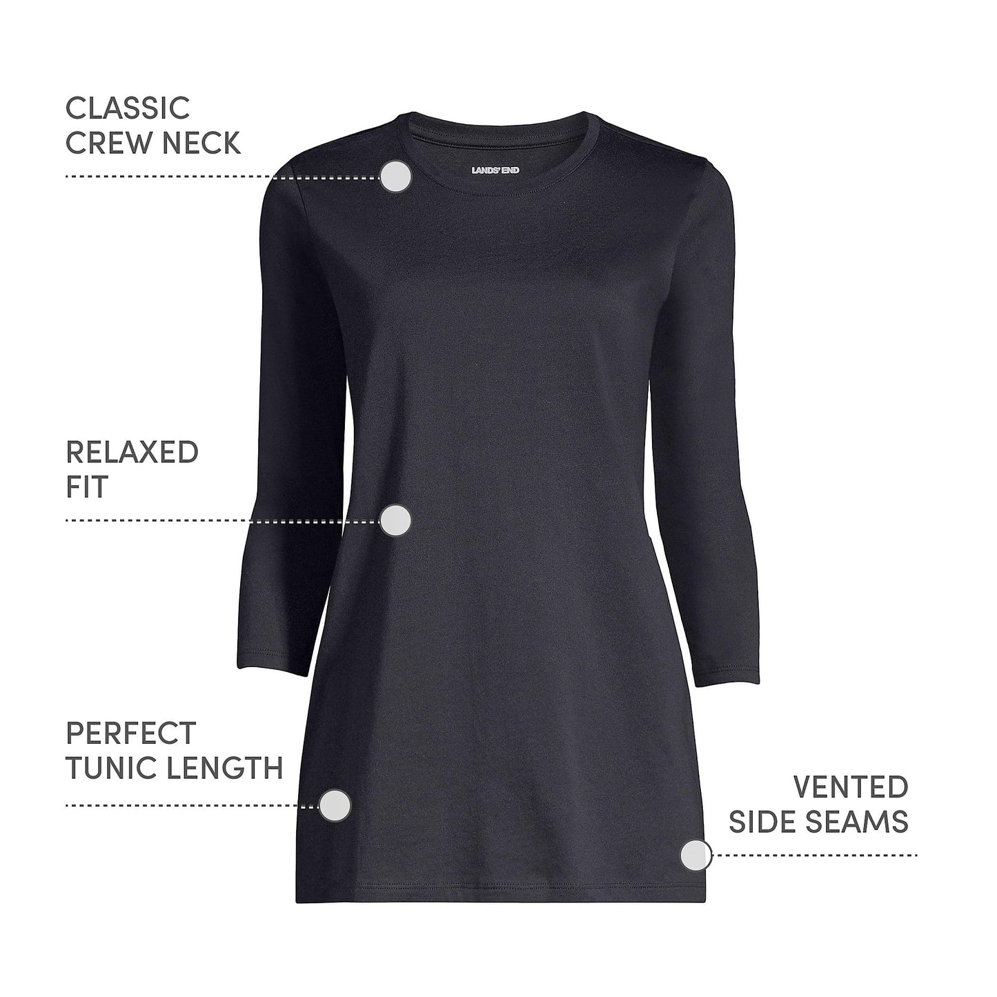 Lands' End Womens 3Q Cotton Supima Crew Neck Tunic Black Tall Small