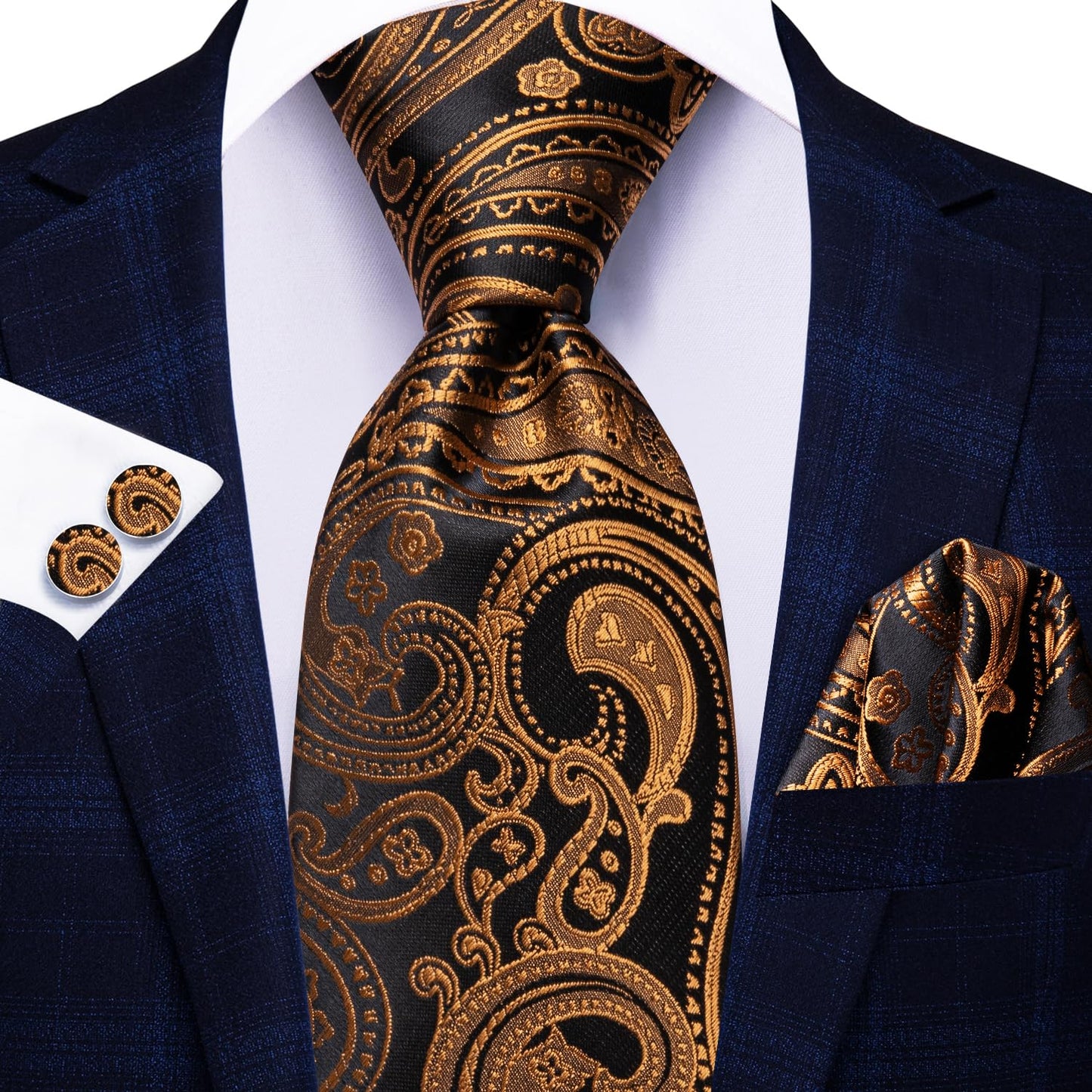 Hi-Tie Black Gold Extra Long Ties for Men 70''Silk Paisly Men's Ties Set Necktie and Pocket Square Cufflinks for Wedding