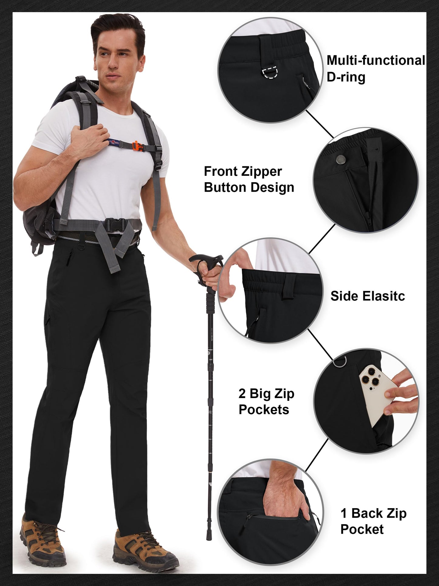 SEVEGO 30"/32"/34"/36" Inseam Men's Tall Hiking Pants Quick Dry Outdoor Waterproof Fishing Cargo Pants with Belt 5 Pockets 38" Black XXL