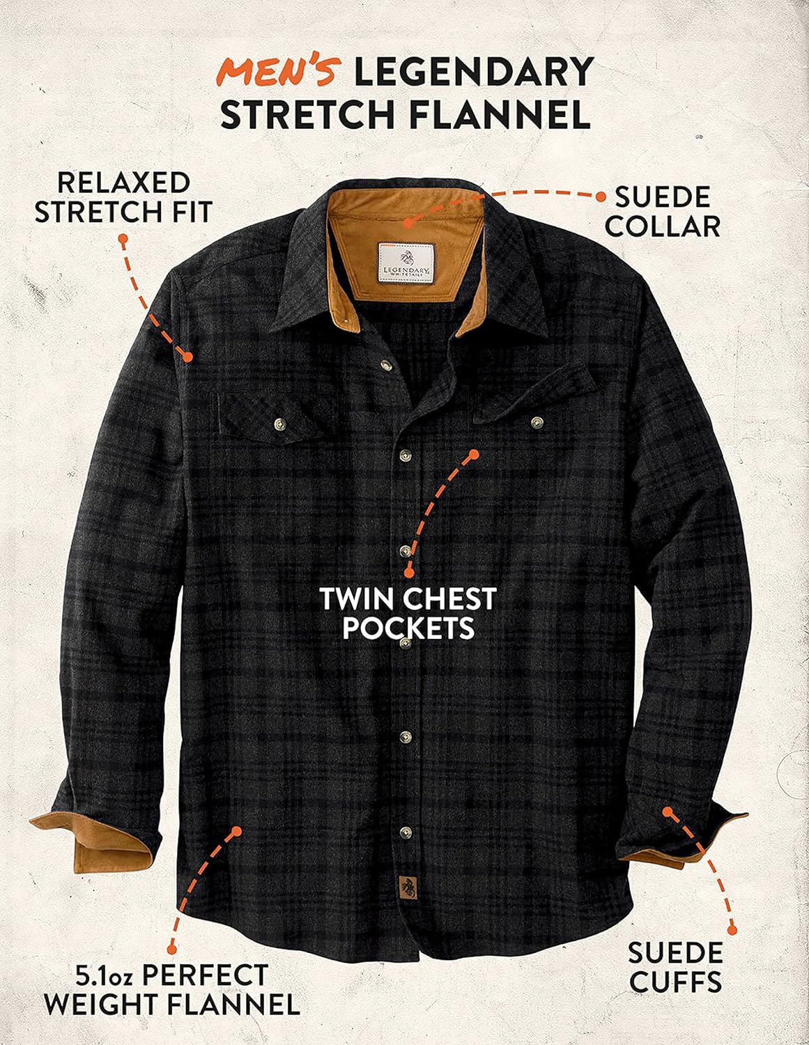 Legendary Whitetails Men's Big Flannel Shirt Long Sleeve Button Down Relaxed Fit, Timberwolf Melange, Large Tall