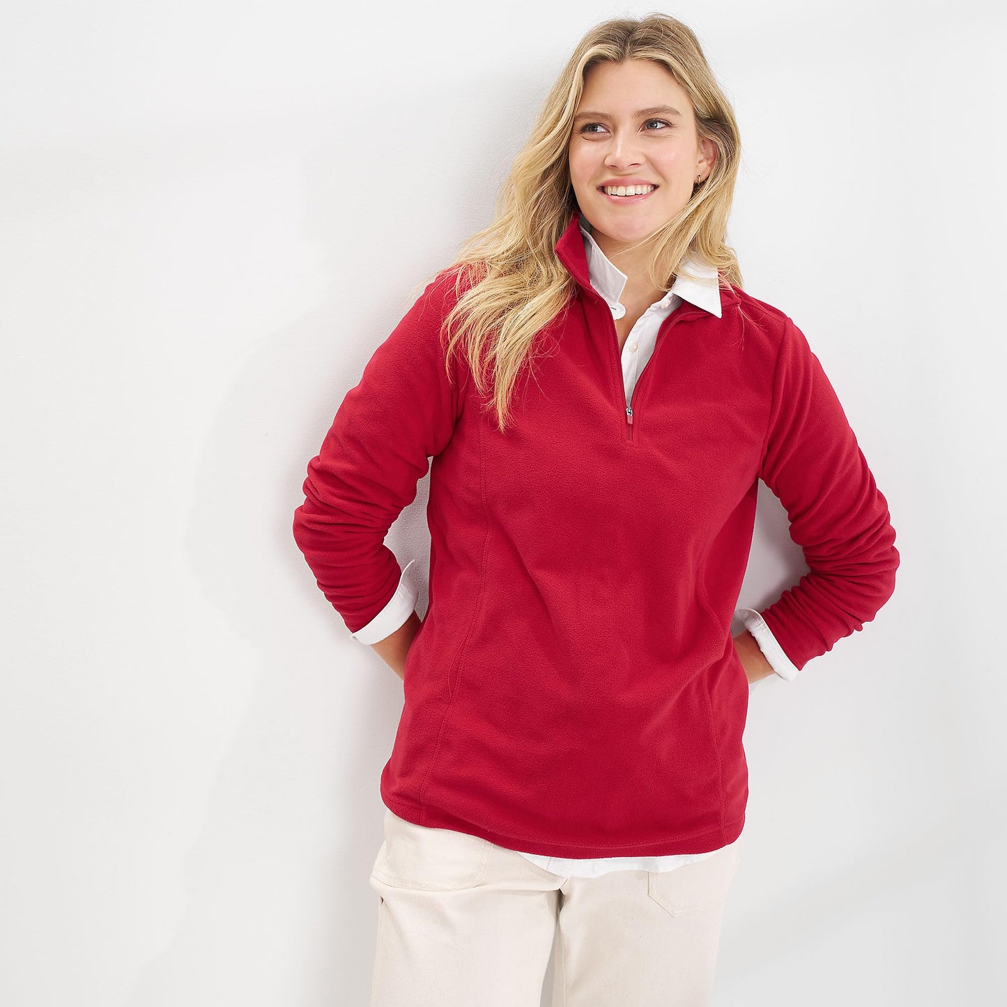 Lands' End Womens Quarter Zip Fleece Pullover Rich Red Tall Medium