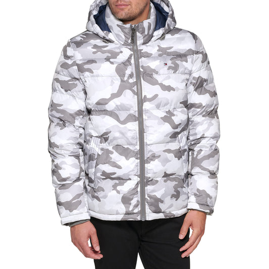 Tommy Hilfiger mens Hooded Puffer Jacket Down Alternative Coat, White Camouflage, Large Tall US