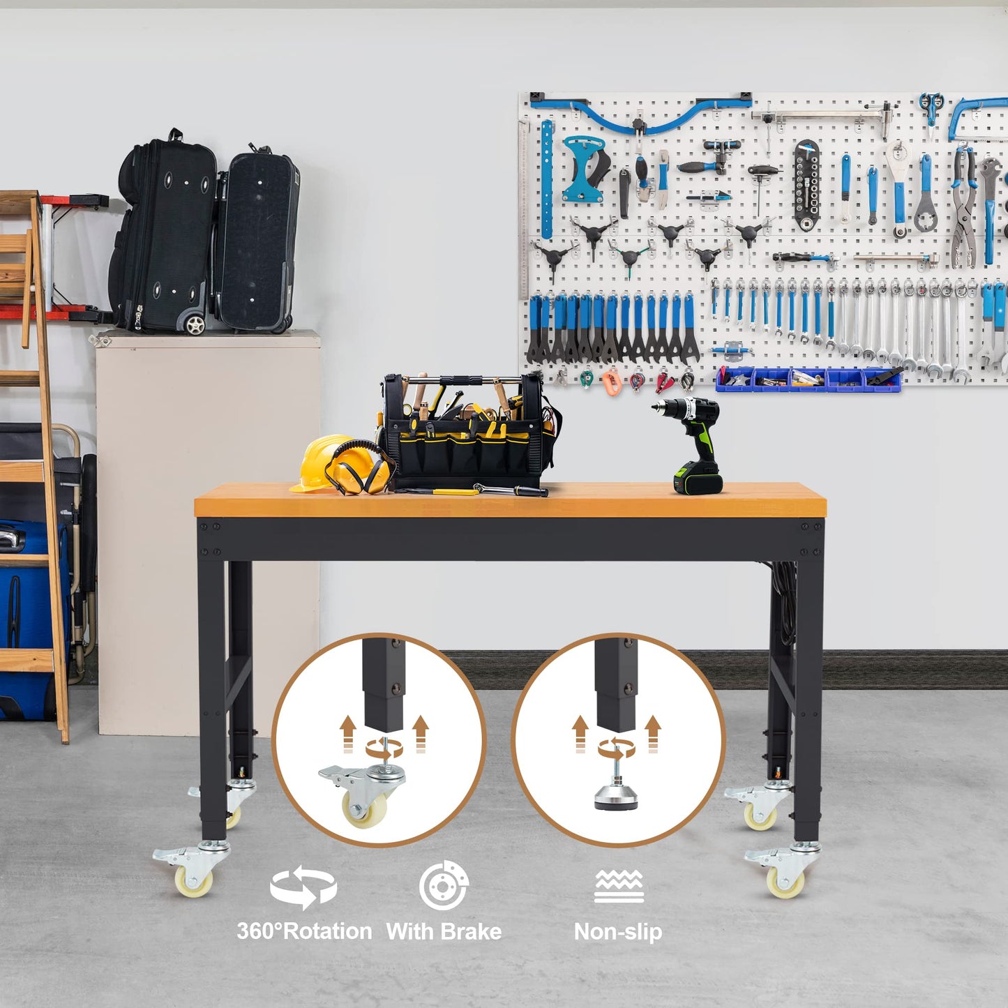 HABUTWAY Height Adjustable Workbench with Wheels 48" x 24" 2000 Lbs Capacity Solid Wood Work Station Heavy-Duty Rolling Work Tables for Garage Party Shop Office