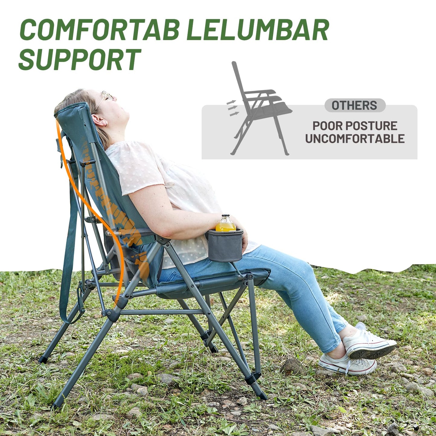 TIMBER RIDGE Oversized Camping Chair with Lumbar Support, Portable Folding Chair Heavy Duty for Adults Supports 450 LBS for Outdoor Camping, Lawn, with High Back, Cup Holder, Side Pocket - Grey