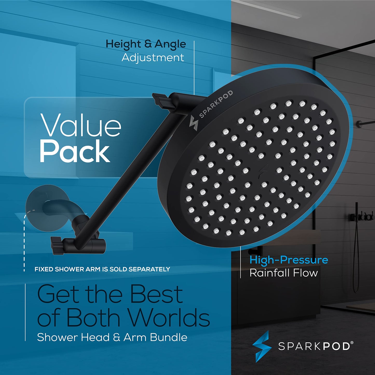 SparkPod Round Rain Shower Head with Extension Arm - Height Adjustable Shower Head with High Pressure Performance - Easy 1-Minute Installation (11" Arm Extension, Midnight Black Matte)
