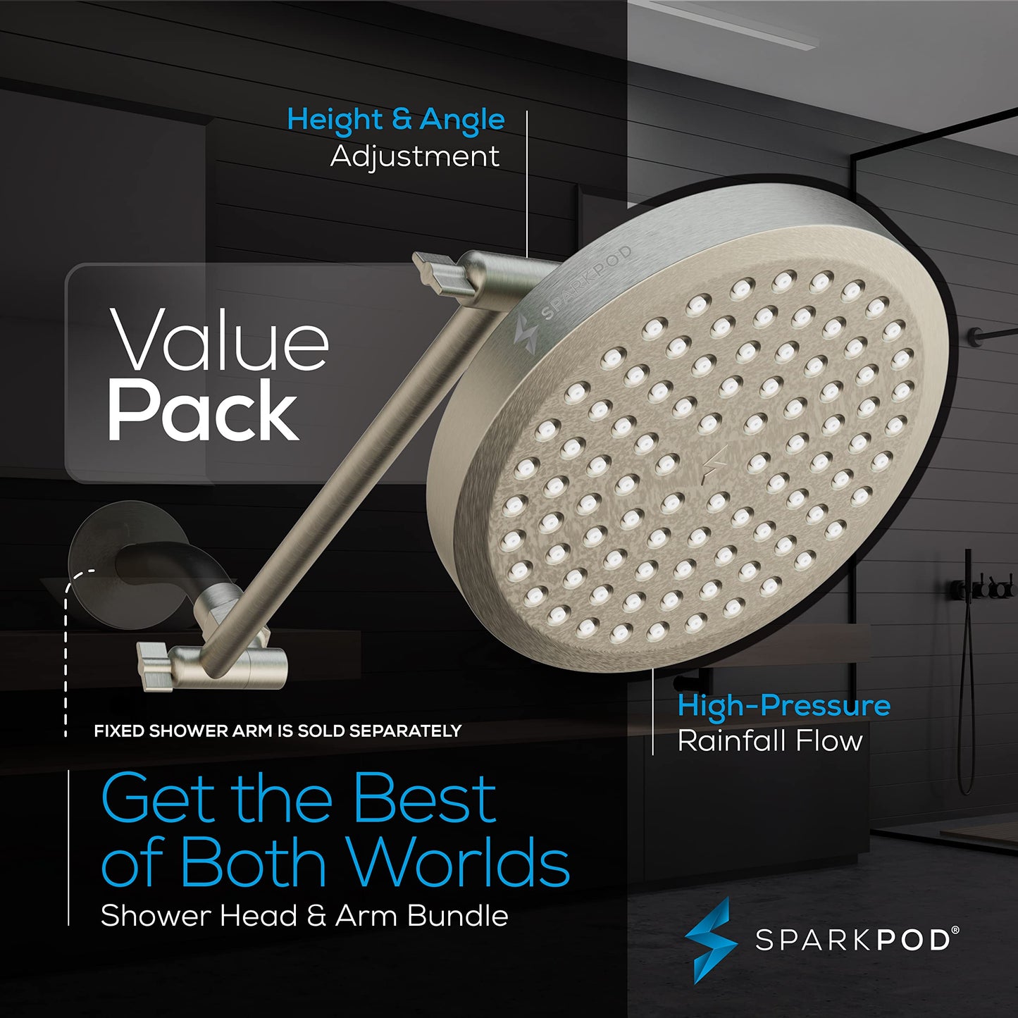 SparkPod Round Rain Shower Head with Extension Arm - Height Adjustable Shower Head with High Pressure Performance - Easy 1-Minute Installation (11" Arm Extension, Elegant Brushed Nickel)