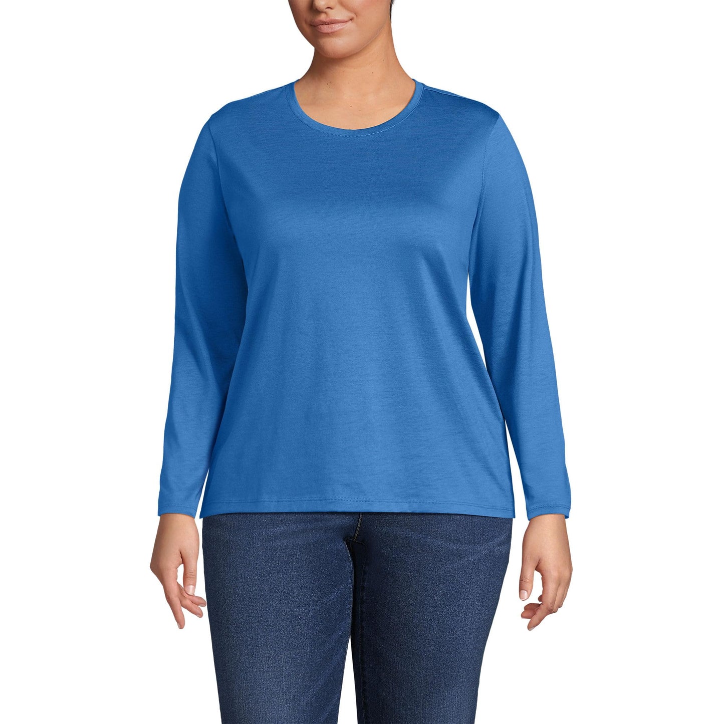 Lands' End Womens Long Sleeve Relaxed Supima Cotton Crew Neck T Shirt Muted Cobalt Blue Tall Medium