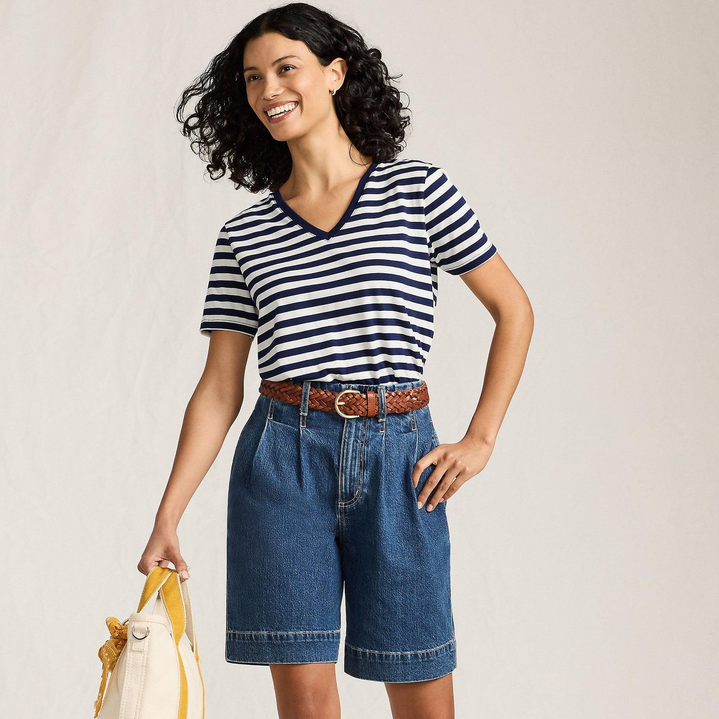 Lands' End Womens SS Relaxed Supima V Neck T Shirt Deep Sea Navy Even Stripe Tall X-Large