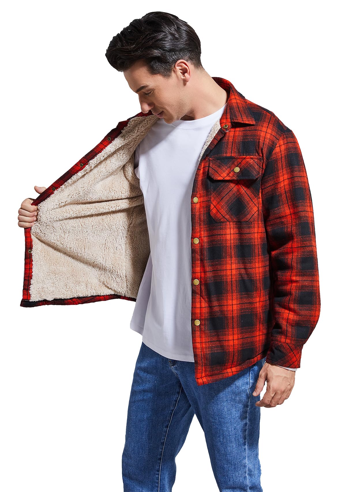 Puwasa Men's Sherpa Lined Cotton Flannel Shirt Jacket Plaid Button Up Jacket Coat for Men with Pocket Red X-Large Tall