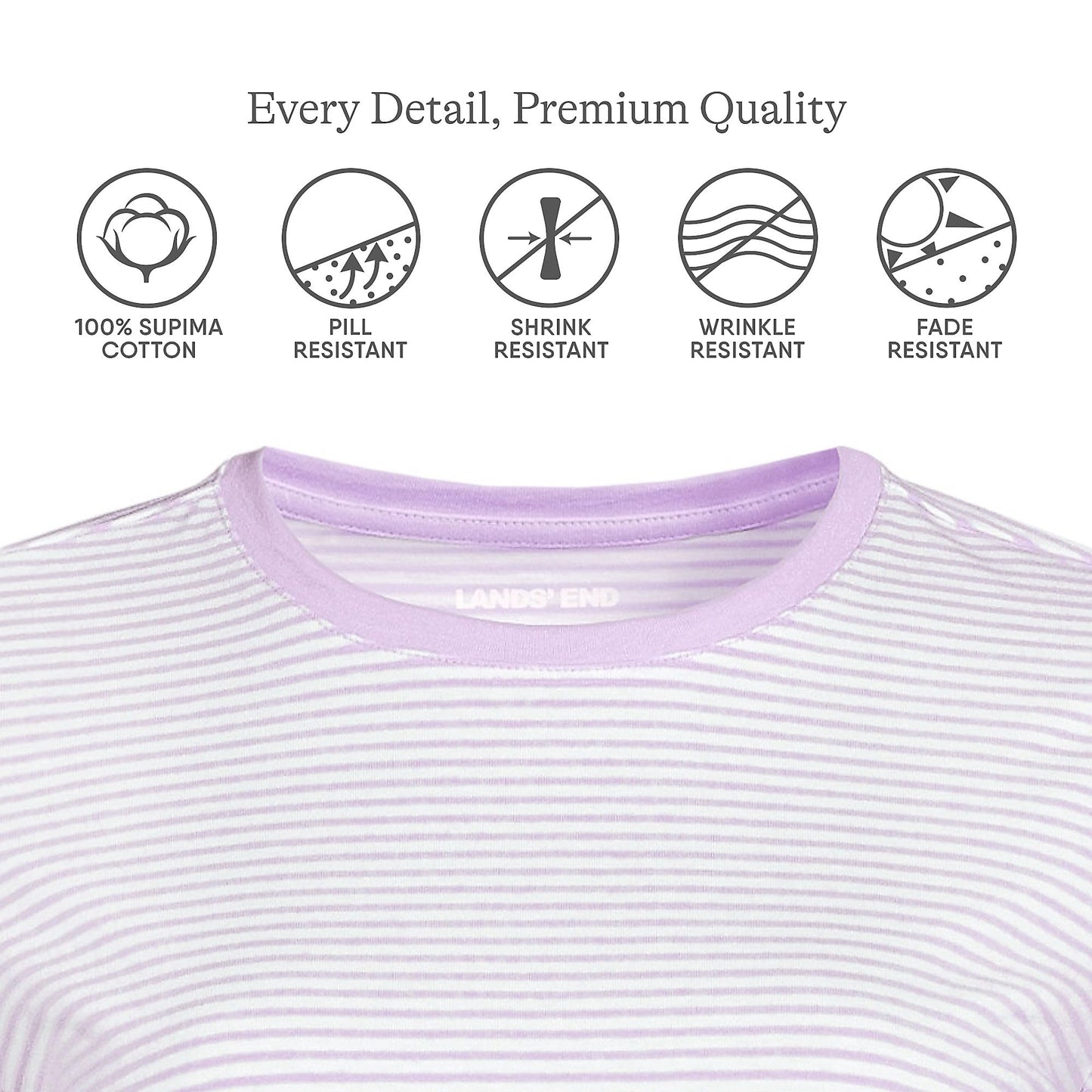 Lands' End Womens Long Sleeve Relaxed Supima Cotton Crew Neck T Shirt Lilac Petal/Ivory Micro Stripe Tall Large