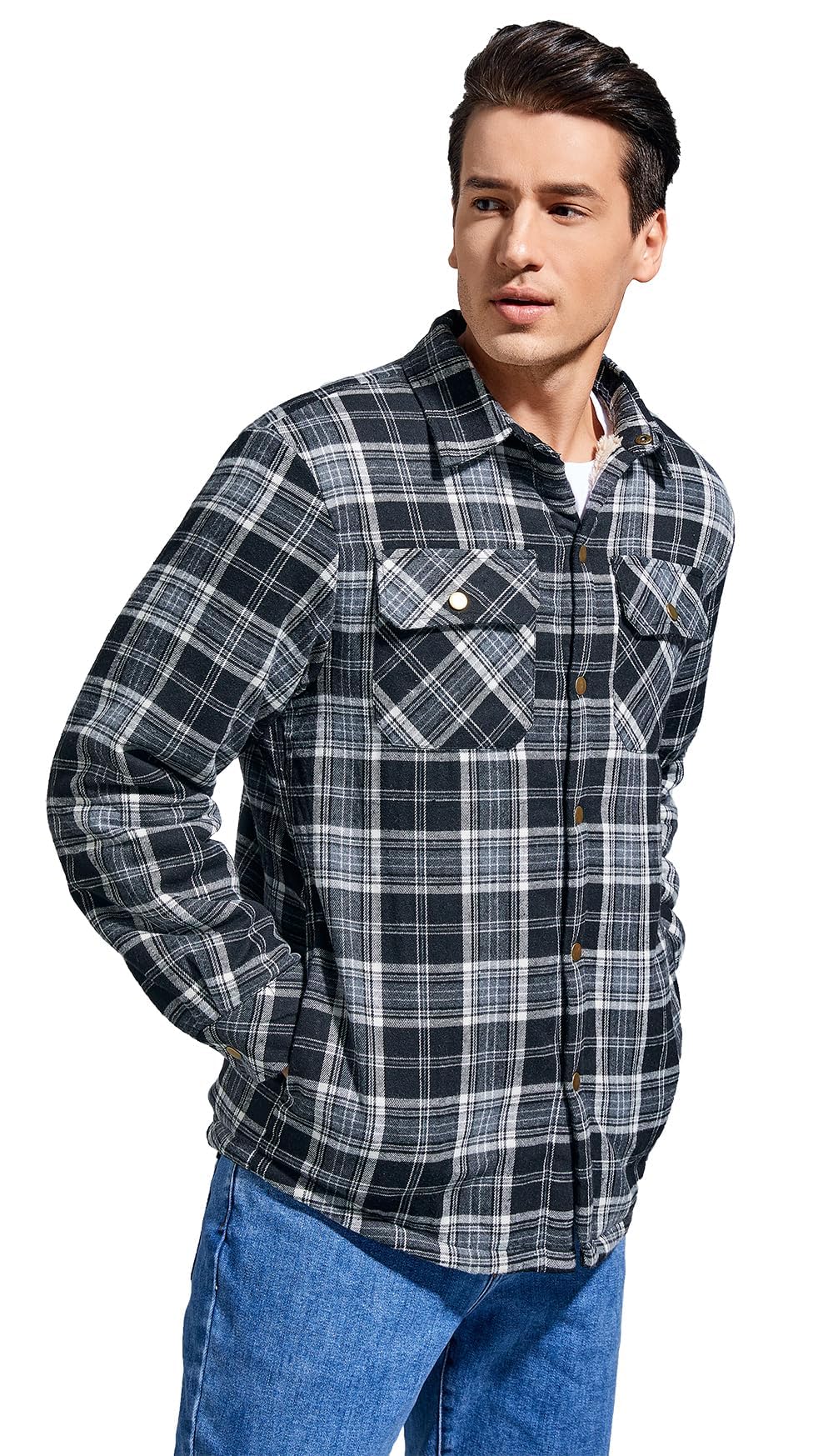 Puwasa Men's Cotton Flannel Shirt Jacket Long Sleeve Fleece Casual Button Down Plaid Jacket Brushed Soft Outdoor Coat with Pocket Black X-Large Tall