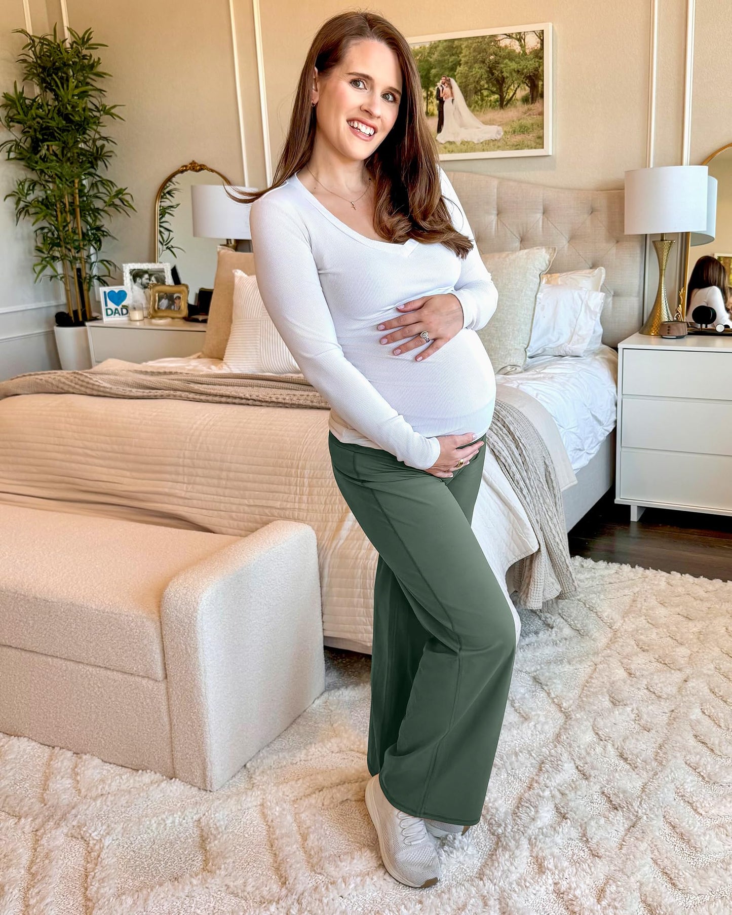 G4Free Pregnancy Pants Over The Bump High Waist Maternity Clothes for Women Strechy Business Casual Lounge Trousers (Gray Sage,XXL,32")