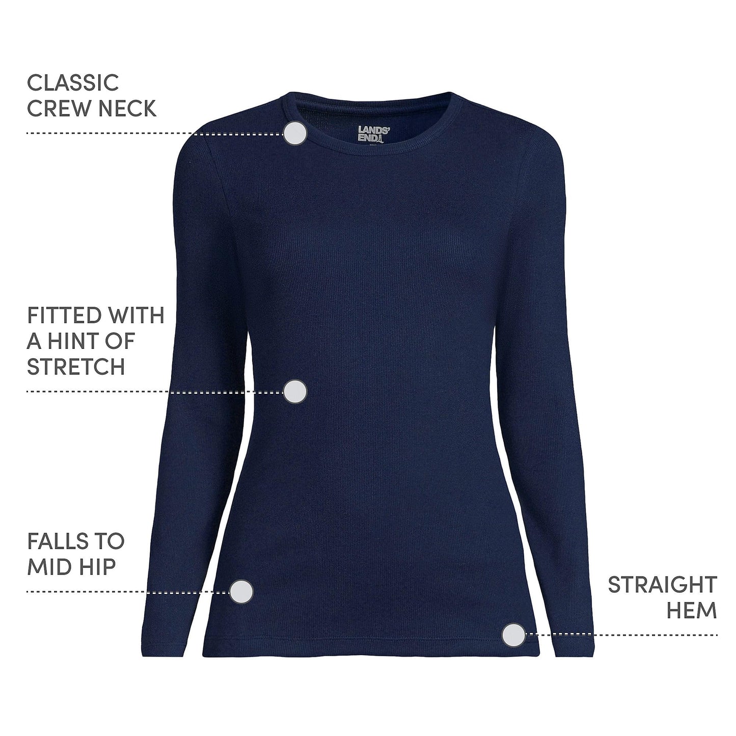 Lands' End Womens Long Sleeve Micro Rib Crew Deep Sea Navy Tall Medium