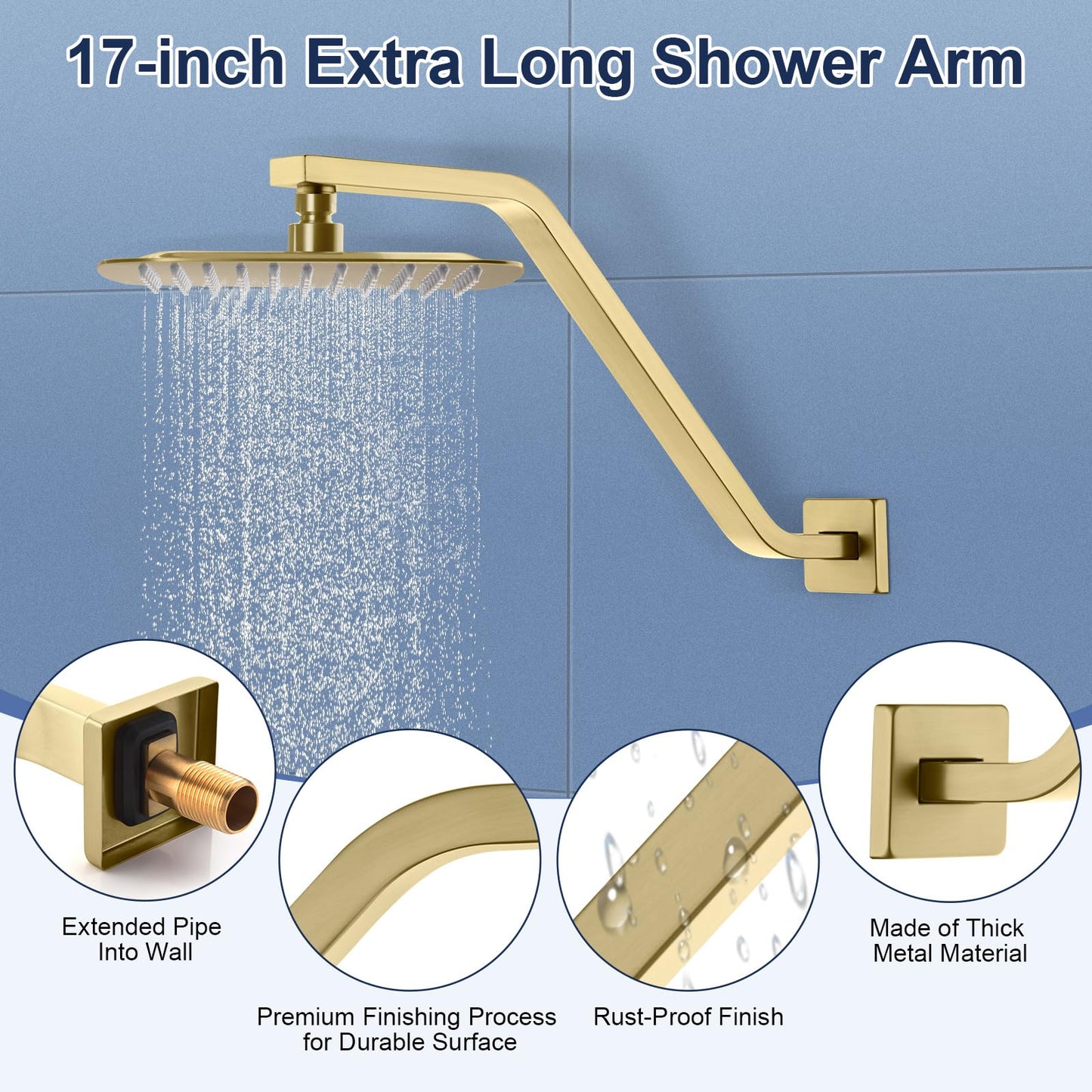 Uvish Square Shower Head Extension Arm with Flange, 16.5 Inch Z/S Shaped High Rise Shower Pipe Extender Wall-Mounted for Fixed Bathroom, Shower Head Goose Neck Arm - Extra Long Thread, Brushed Gold