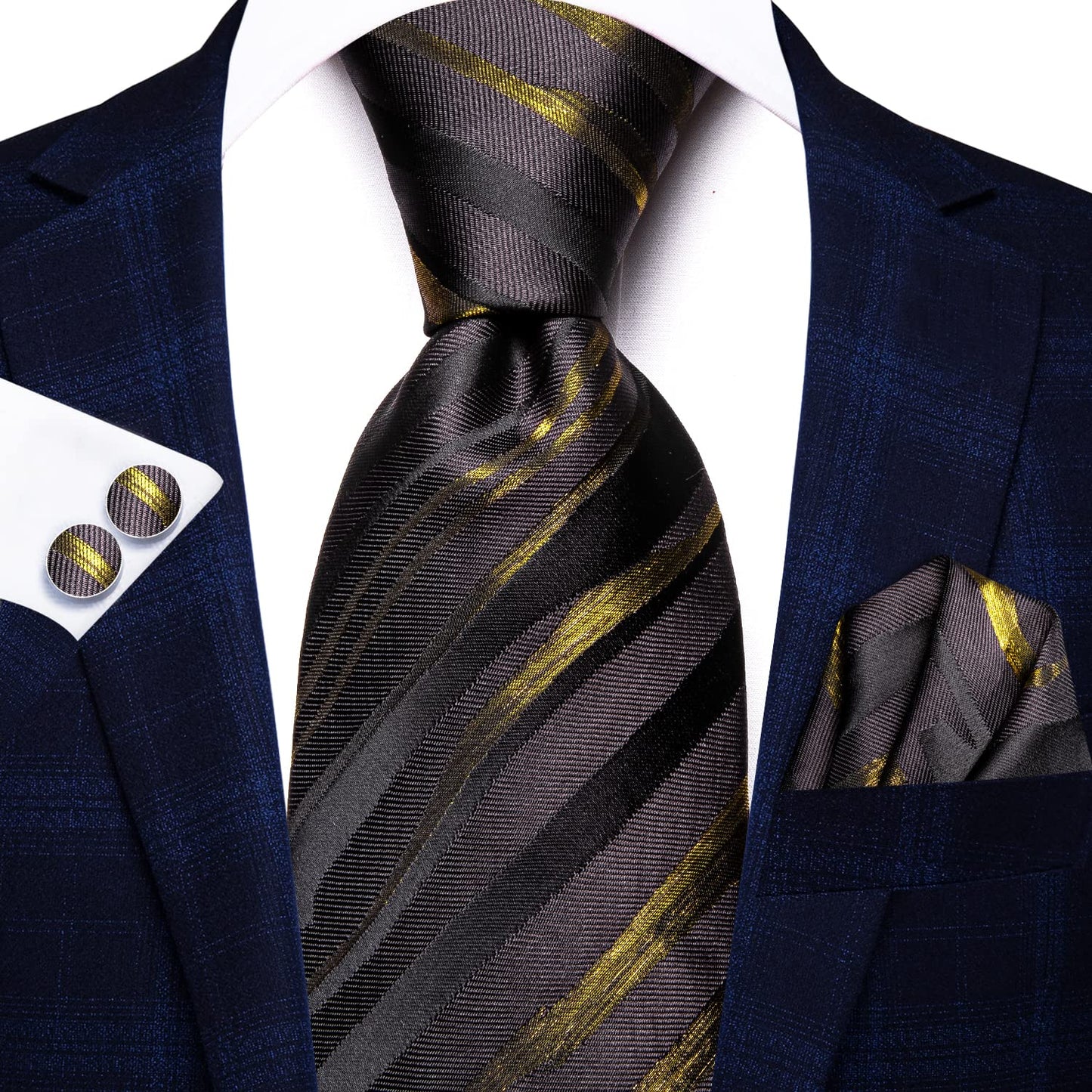 Hi-Tie Coffee Black Extra Long Ties for Men 70'' Silk Mens Ties Set Dress Necktie and Pocket Square Cufflink for Wedding